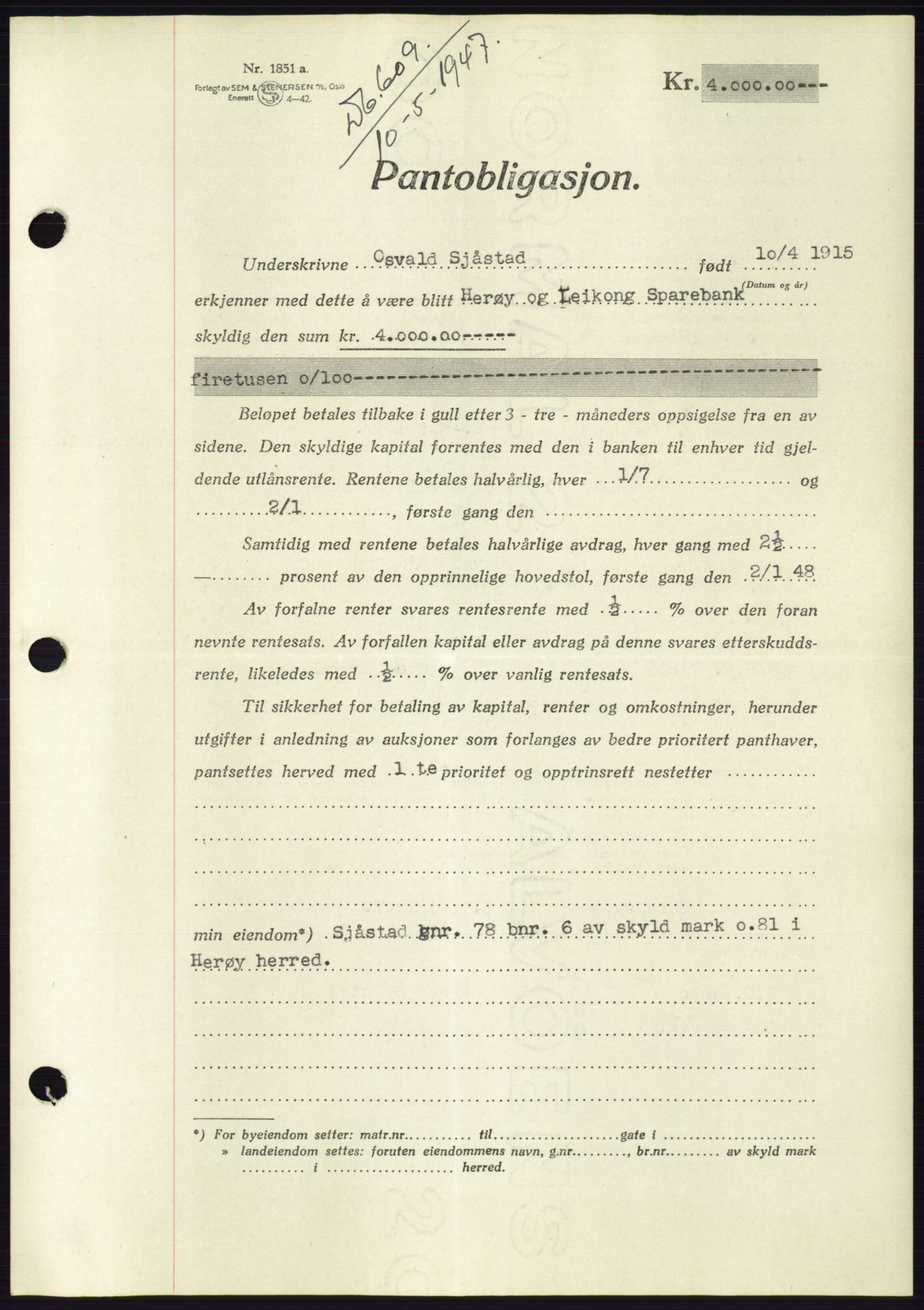 Søre Sunnmøre sorenskriveri, AV/SAT-A-4122/1/2/2C/L0114: Pantebok nr. 1-2B, 1943-1947, Dagboknr: 609/1947