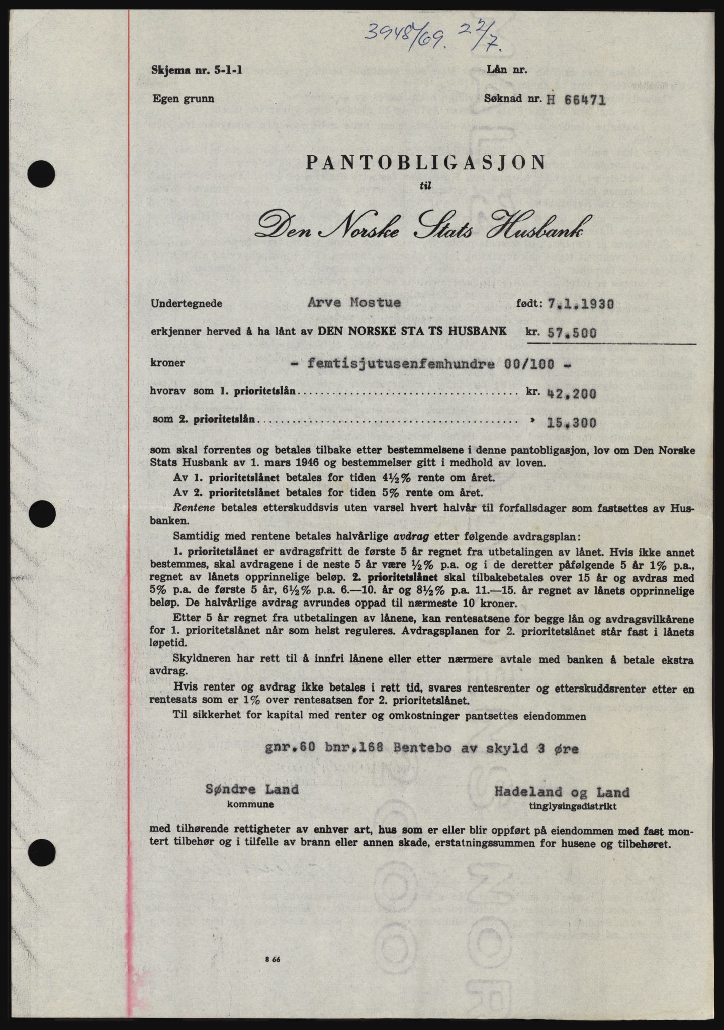 Hadeland og Land tingrett, SAH/TING-010/H/Hb/Hbc/L0074: Pantebok nr. B74, 1969-1969, Dagboknr: 3948/1969