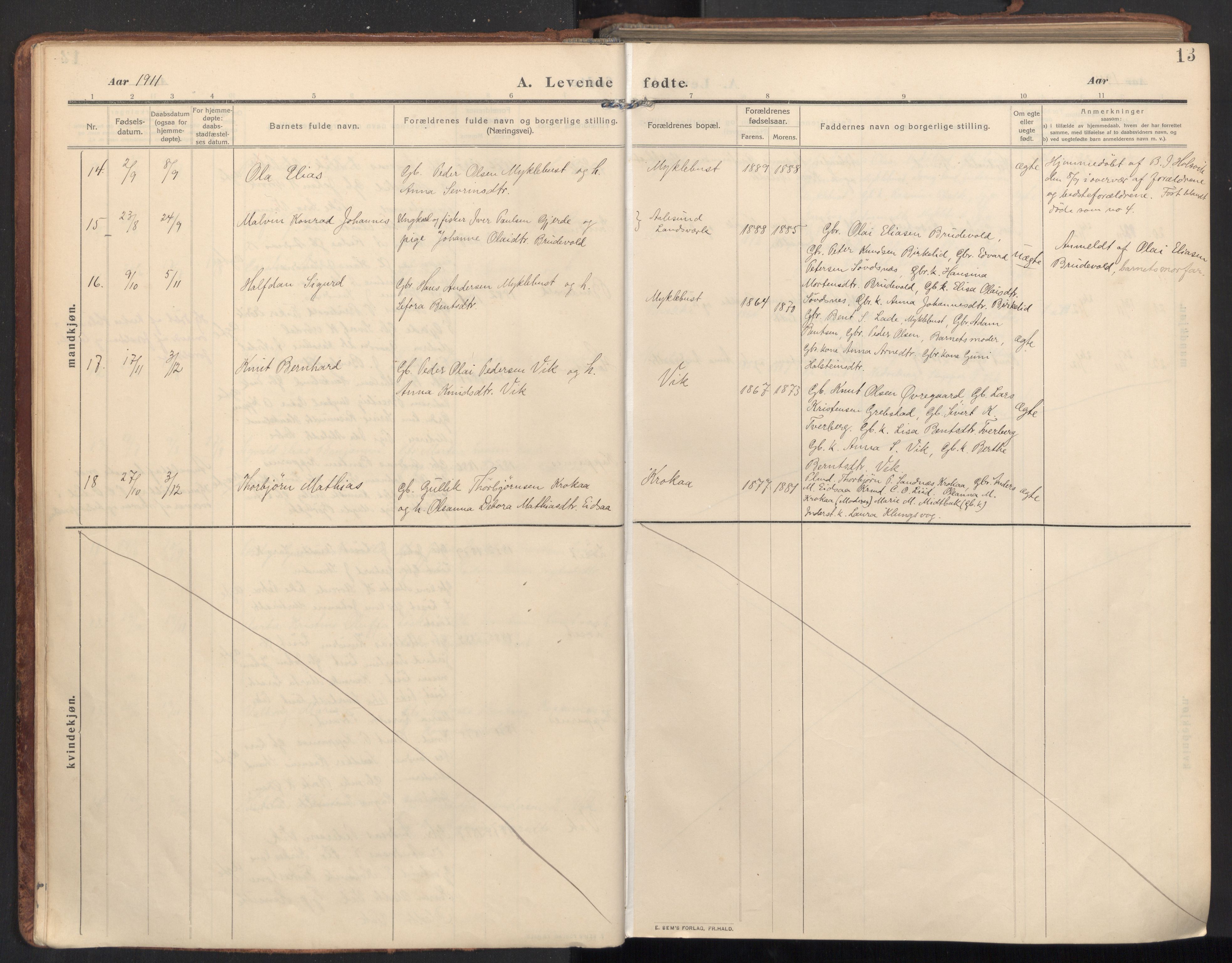 Ministerialprotokoller, klokkerbøker og fødselsregistre - Møre og Romsdal, SAT/A-1454/502/L0026: Ministerialbok nr. 502A04, 1909-1933, s. 13