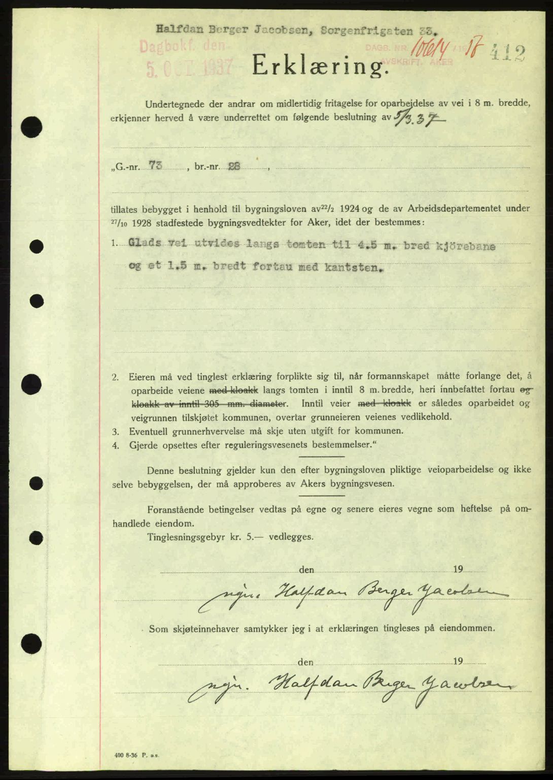 Aker herredsskriveri, SAO/A-10896/G/Gb/Gba/Gbab/L0017: Pantebok nr. A148, 1937-1937, Dagboknr: 10614/1937