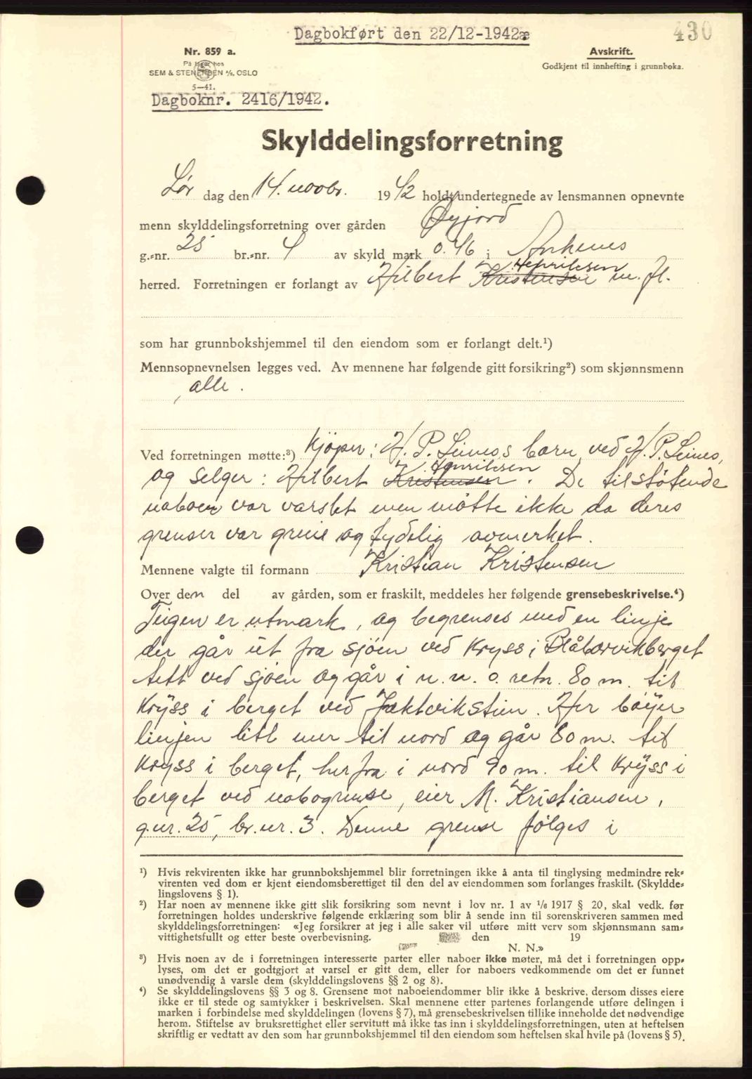 Steigen og Ofoten sorenskriveri, AV/SAT-A-0030/1/2/2C: Pantebok nr. A9-12, 1942-1946, Dagboknr: 2416/1942