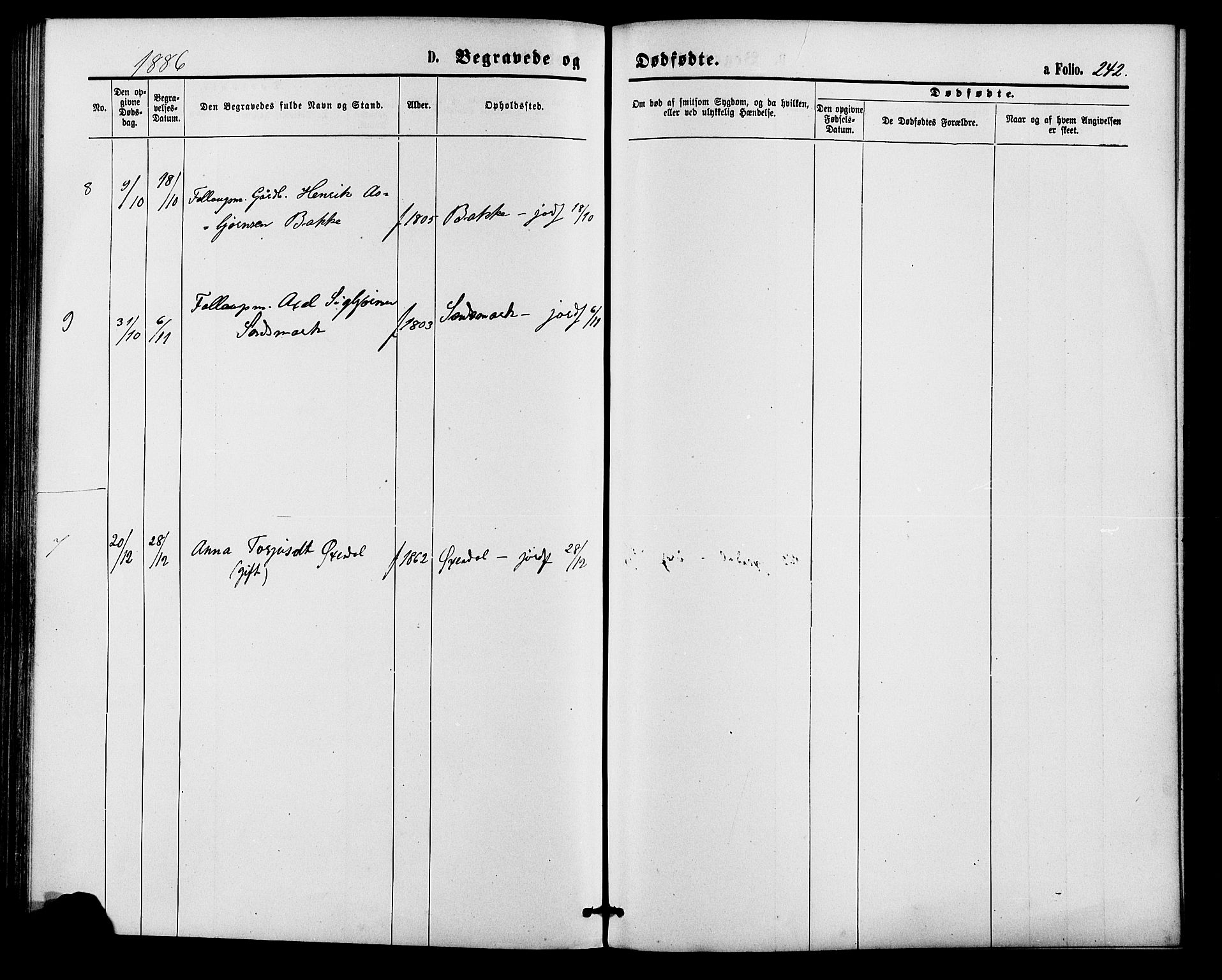 Bakke sokneprestkontor, SAK/1111-0002/F/Fa/Faa/L0007: Ministerialbok nr. A 7, 1877-1886, s. 242