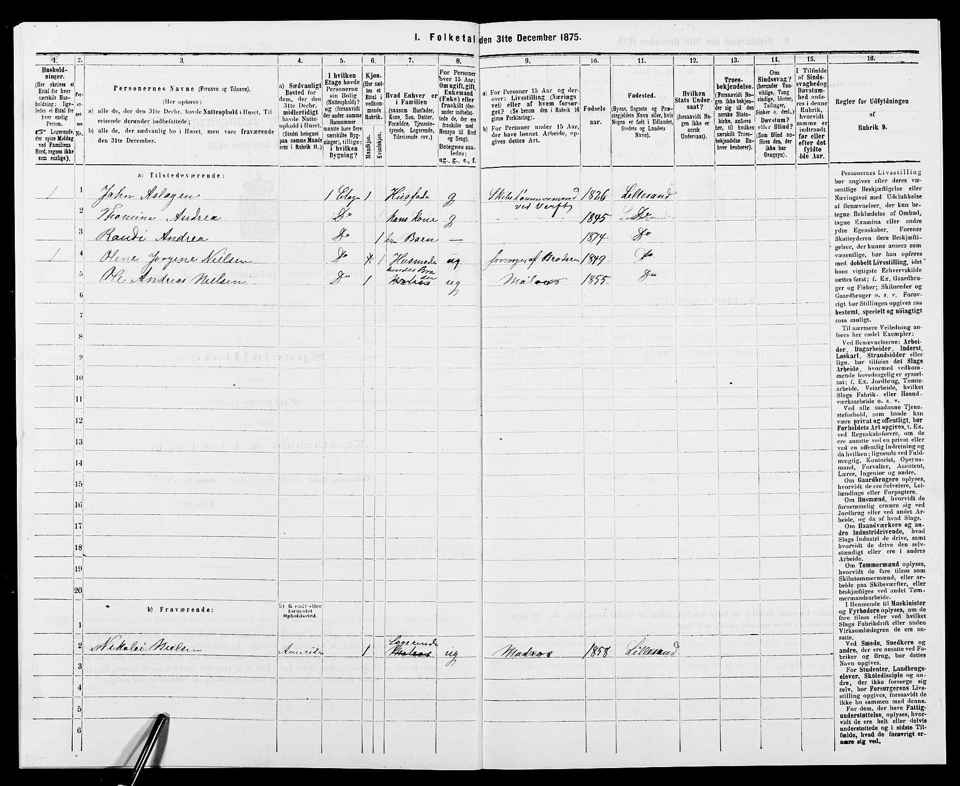 SAK, Folketelling 1875 for 0905B Vestre Moland prestegjeld, Lillesand ladested, 1875, s. 217