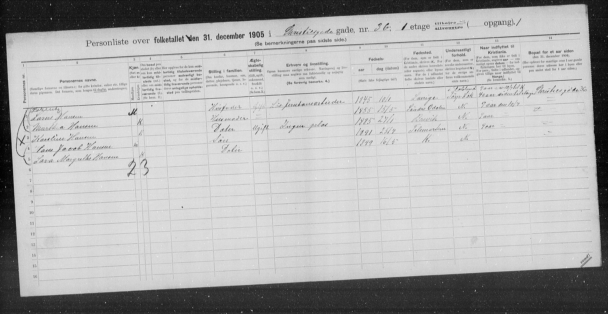 OBA, Kommunal folketelling 31.12.1905 for Kristiania kjøpstad, 1905, s. 6647