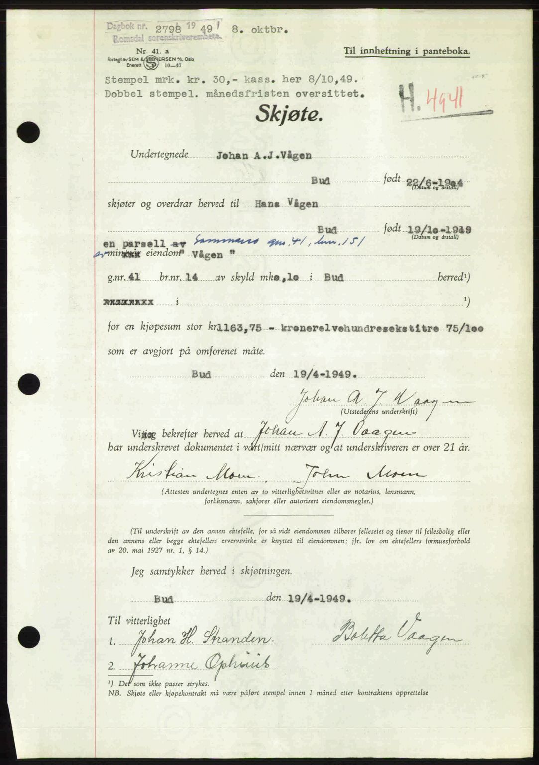 Romsdal sorenskriveri, AV/SAT-A-4149/1/2/2C: Pantebok nr. A31, 1949-1949, Dagboknr: 2798/1949