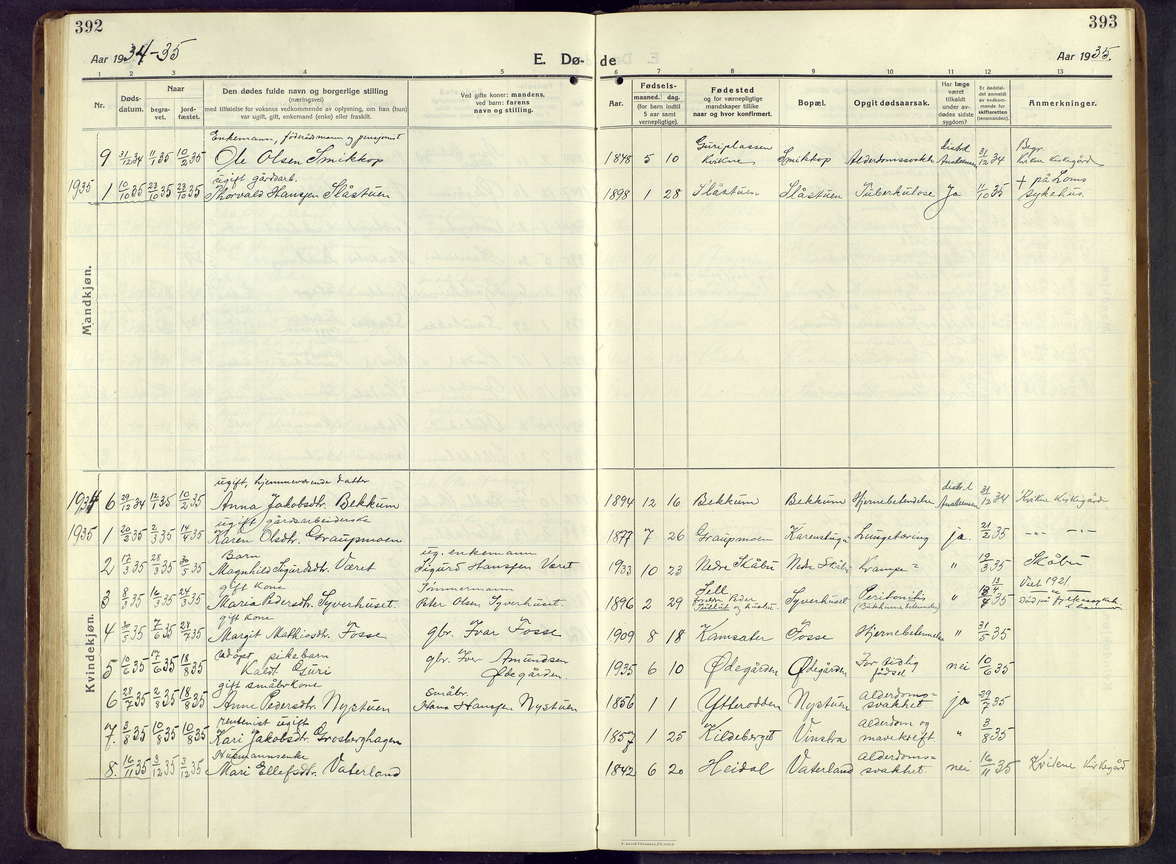 Nord-Fron prestekontor, AV/SAH-PREST-080/H/Ha/Hab/L0009: Klokkerbok nr. 9, 1915-1958, s. 392-393