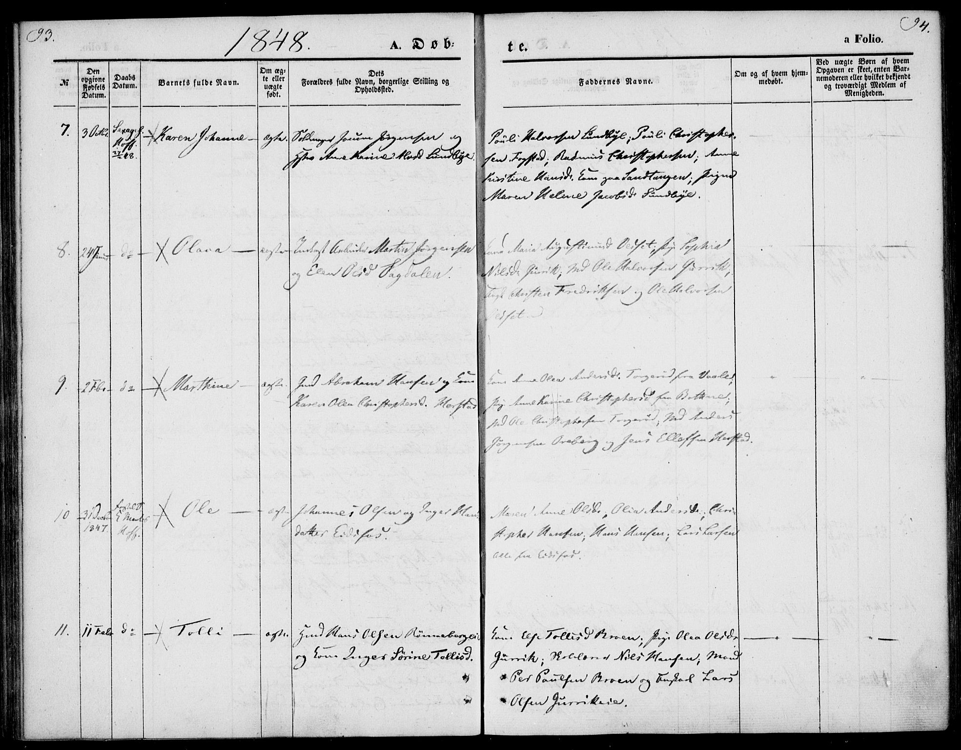 Hof kirkebøker, AV/SAKO-A-64/F/Fa/L0005: Ministerialbok nr. I 5, 1844-1851, s. 93-94