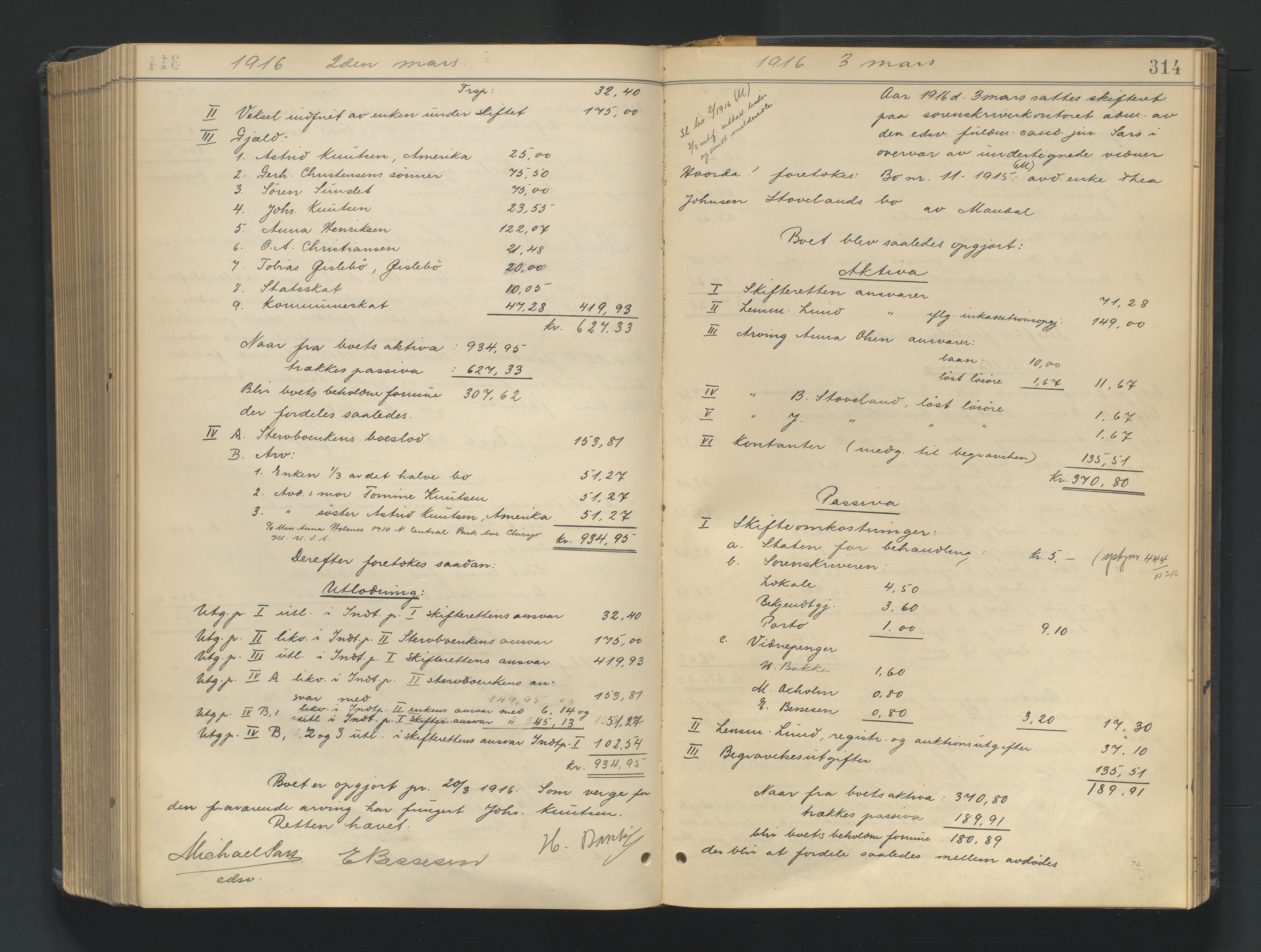 Mandal sorenskriveri, SAK/1221-0005/001/H/Hc/L0098: Skifteutlodningsprotokoll nr 7, 1910-1917, s. 314