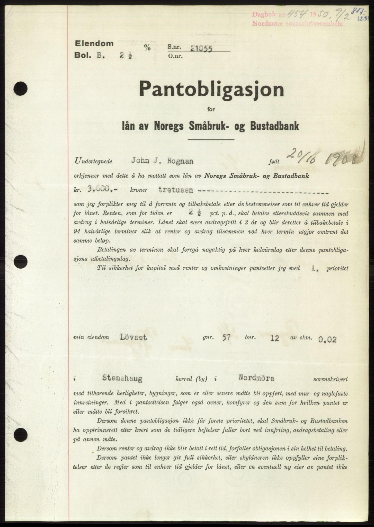 Nordmøre sorenskriveri, SAT/A-4132/1/2/2Ca: Pantebok nr. B103, 1949-1950, Dagboknr: 454/1950