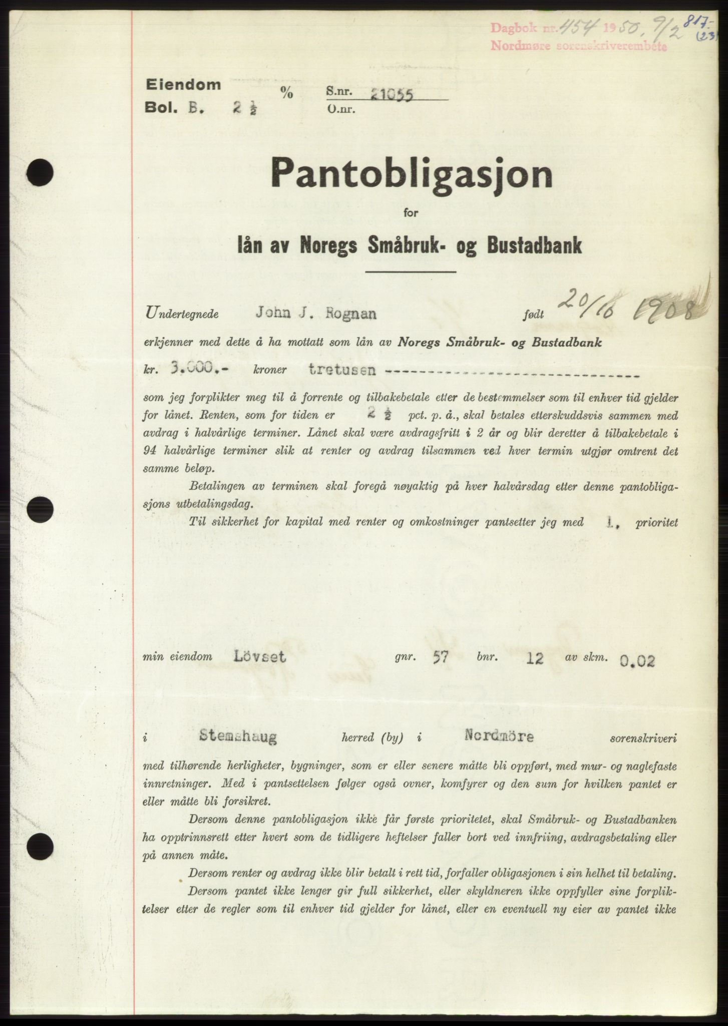 Nordmøre sorenskriveri, AV/SAT-A-4132/1/2/2Ca: Pantebok nr. B103, 1949-1950, Dagboknr: 454/1950