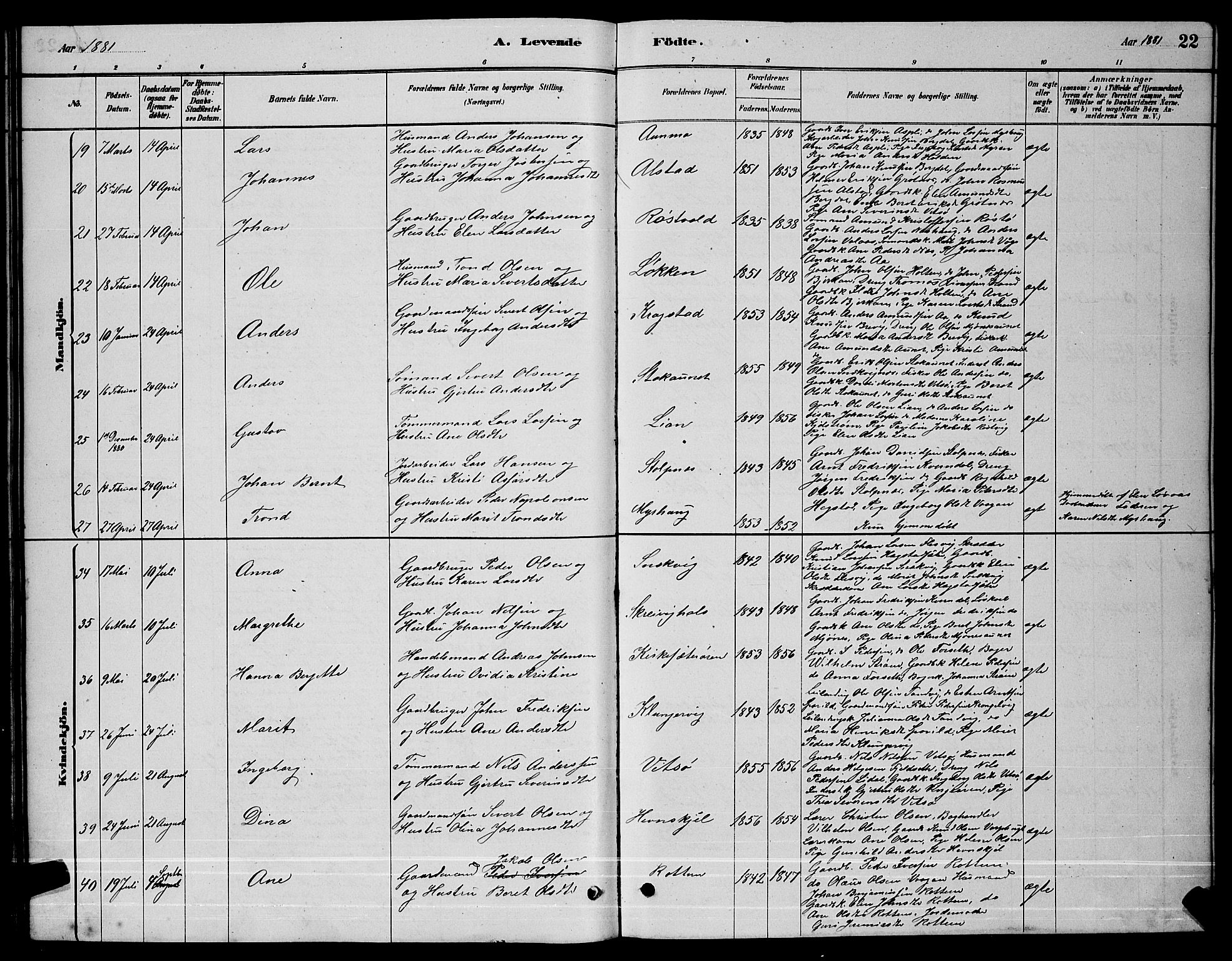 Ministerialprotokoller, klokkerbøker og fødselsregistre - Sør-Trøndelag, AV/SAT-A-1456/630/L0504: Klokkerbok nr. 630C02, 1879-1898, s. 22