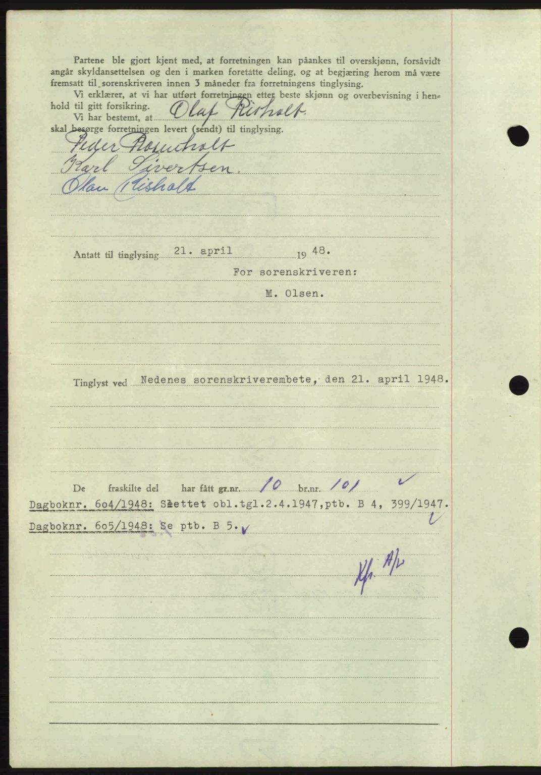 Nedenes sorenskriveri, SAK/1221-0006/G/Gb/Gba/L0059: Pantebok nr. A11, 1948-1948, Dagboknr: 603/1948