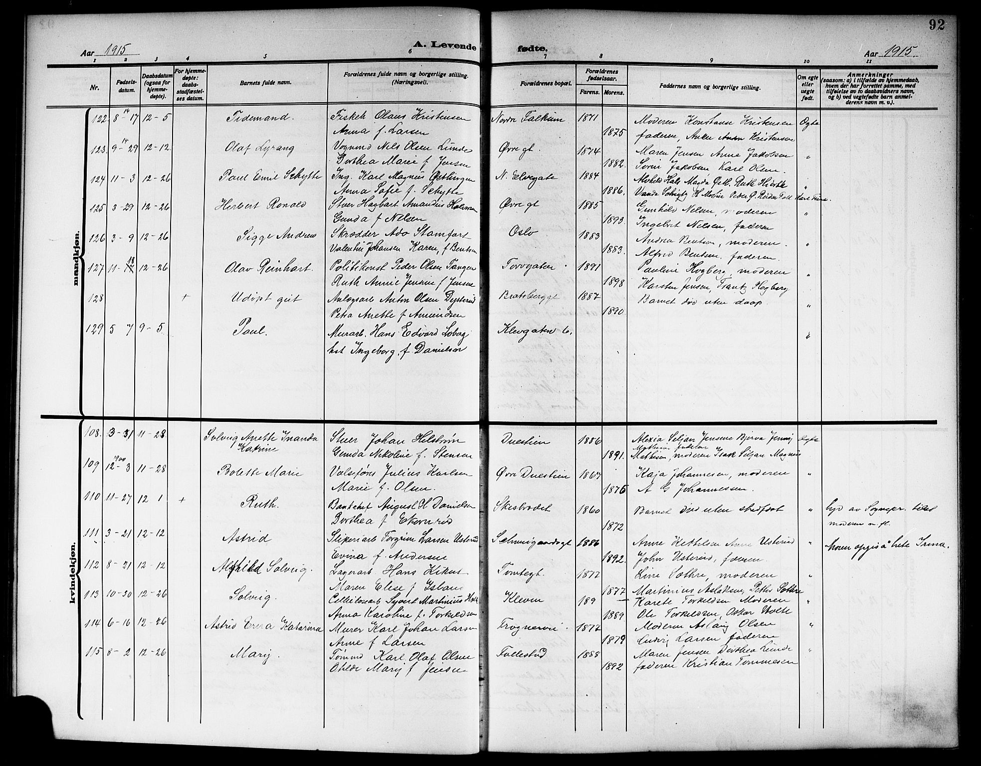 Skien kirkebøker, AV/SAKO-A-302/G/Ga/L0009: Klokkerbok nr. 9, 1910-1920, s. 92