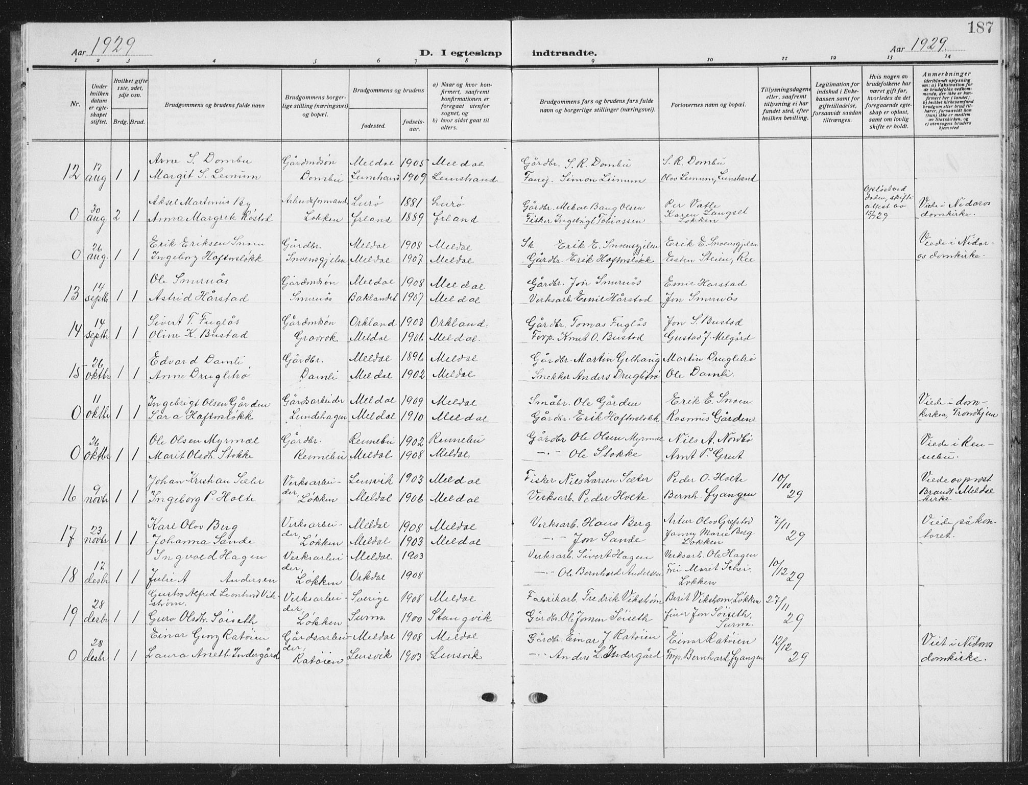 Ministerialprotokoller, klokkerbøker og fødselsregistre - Sør-Trøndelag, AV/SAT-A-1456/672/L0866: Klokkerbok nr. 672C05, 1929-1939, s. 187