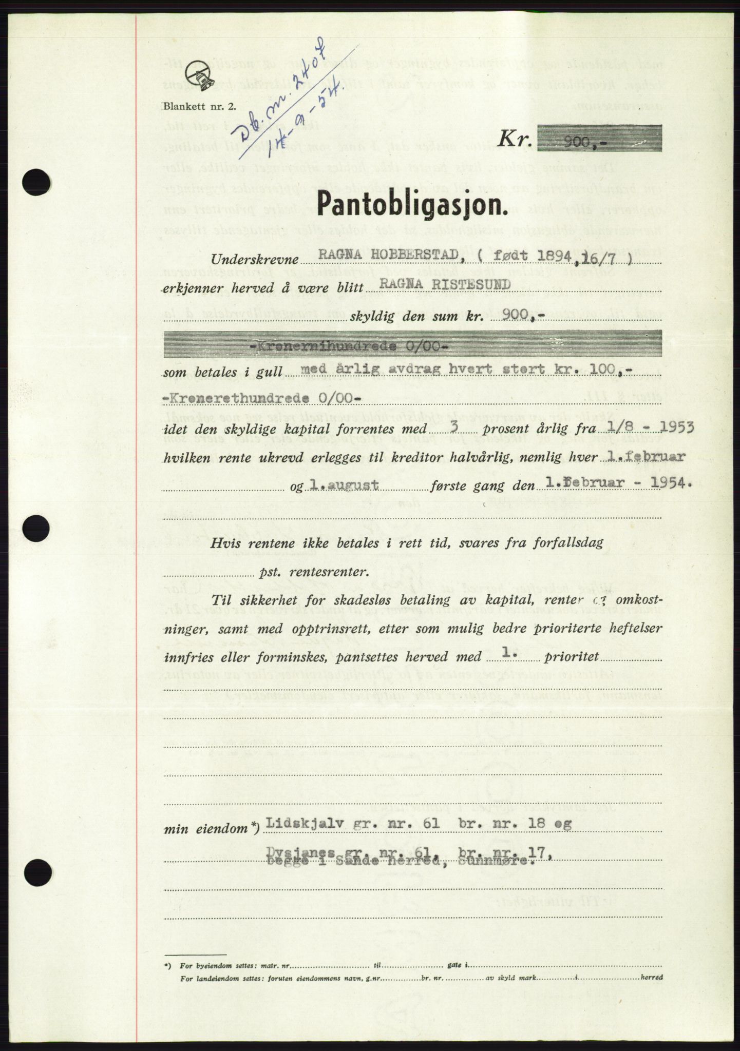 Søre Sunnmøre sorenskriveri, SAT/A-4122/1/2/2C/L0125: Pantebok nr. 13B, 1954-1954, Dagboknr: 2407/1954