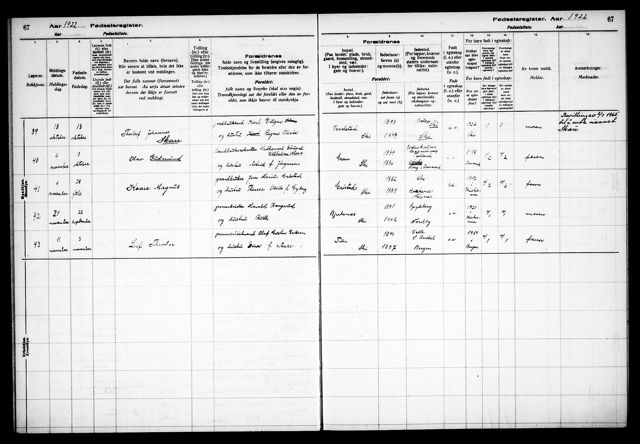 Kråkstad prestekontor Kirkebøker, AV/SAO-A-10125a/J/Jb/L0001: Fødselsregister nr. II 1, 1916-1936, s. 67