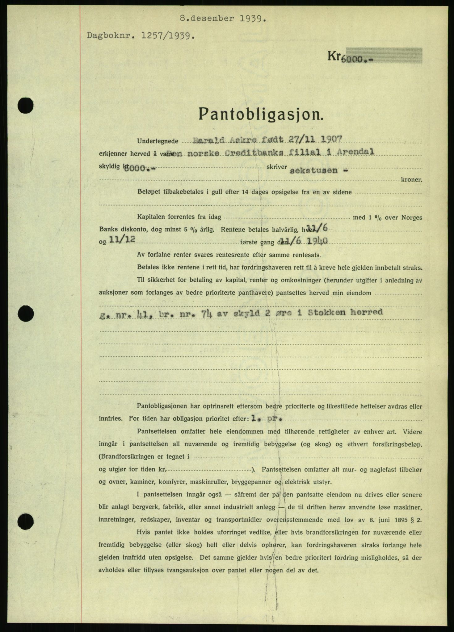 Nedenes sorenskriveri, SAK/1221-0006/G/Gb/Gbb/L0001: Pantebok nr. I, 1939-1942, Dagboknr: 1257/1939