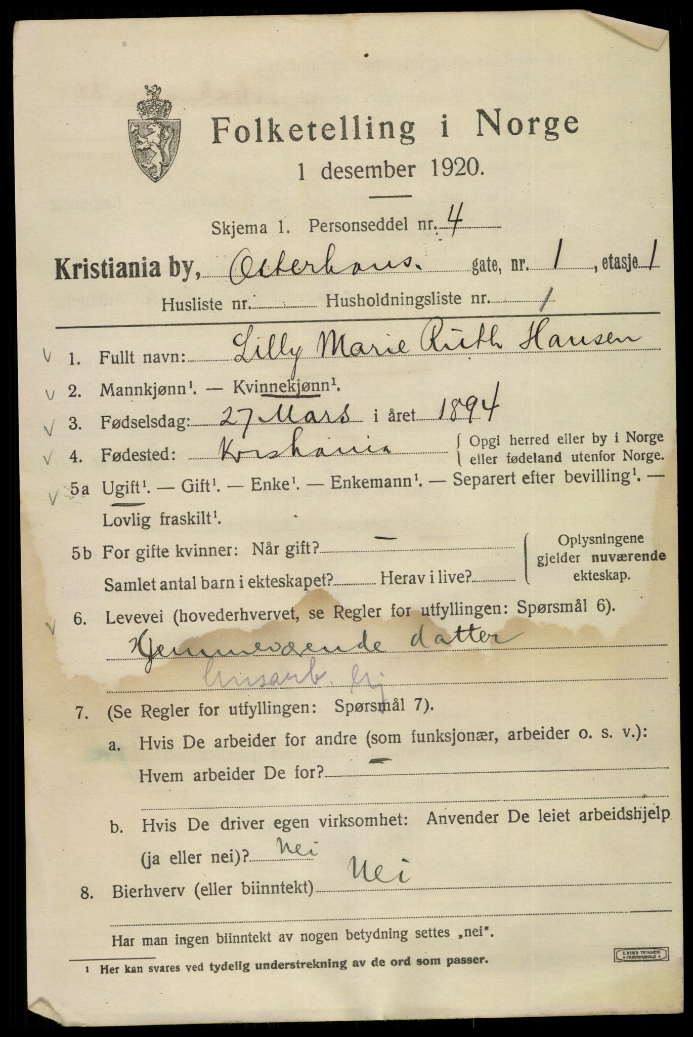 SAO, Folketelling 1920 for 0301 Kristiania kjøpstad, 1920, s. 440889