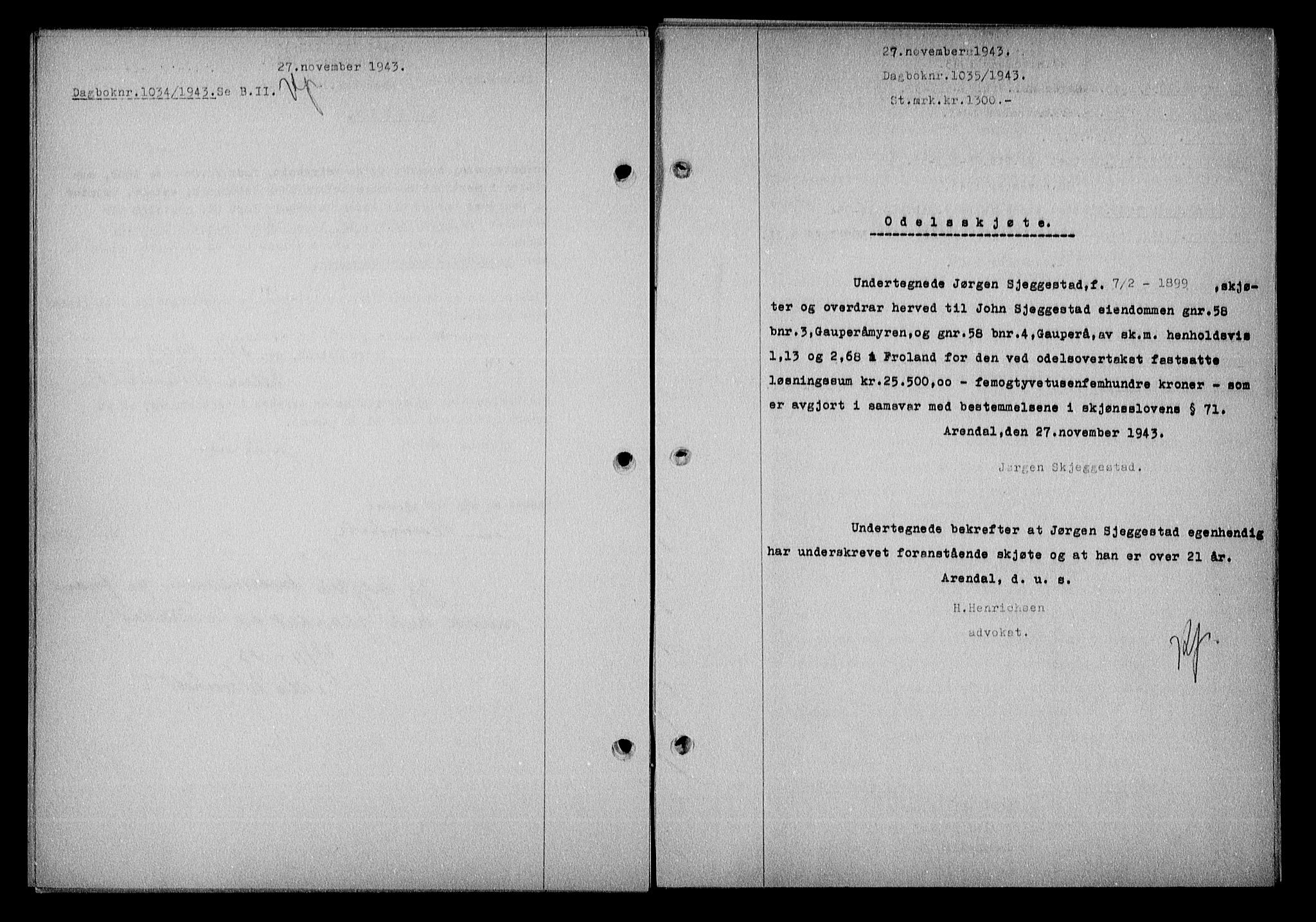 Nedenes sorenskriveri, SAK/1221-0006/G/Gb/Gba/L0051: Pantebok nr. A-V, 1943-1944, Dagboknr: 1035/1943