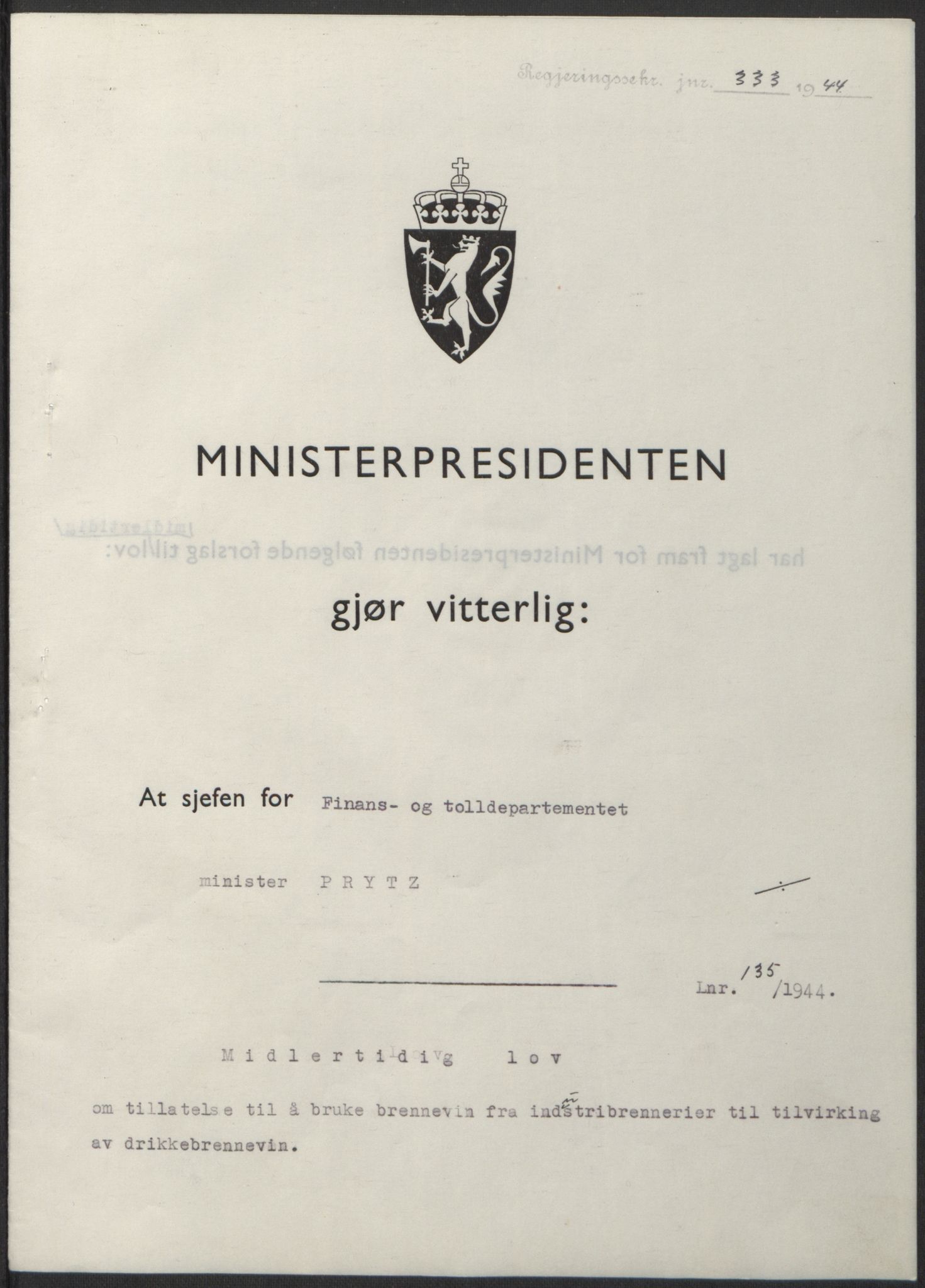 NS-administrasjonen 1940-1945 (Statsrådsekretariatet, de kommisariske statsråder mm), AV/RA-S-4279/D/Db/L0100: Lover, 1944, s. 651