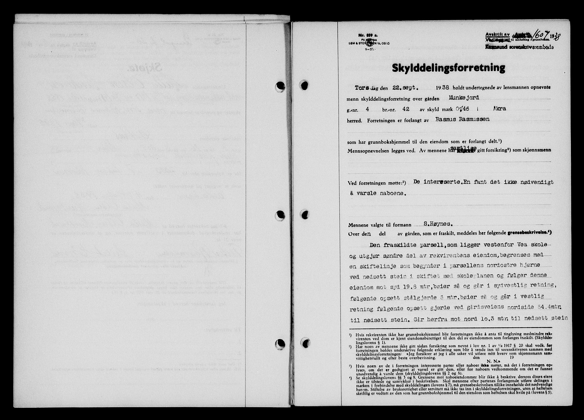 Karmsund sorenskriveri, SAST/A-100311/01/II/IIB/L0070: Pantebok nr. 51A, 1938-1939, Dagboknr: 1607/1938