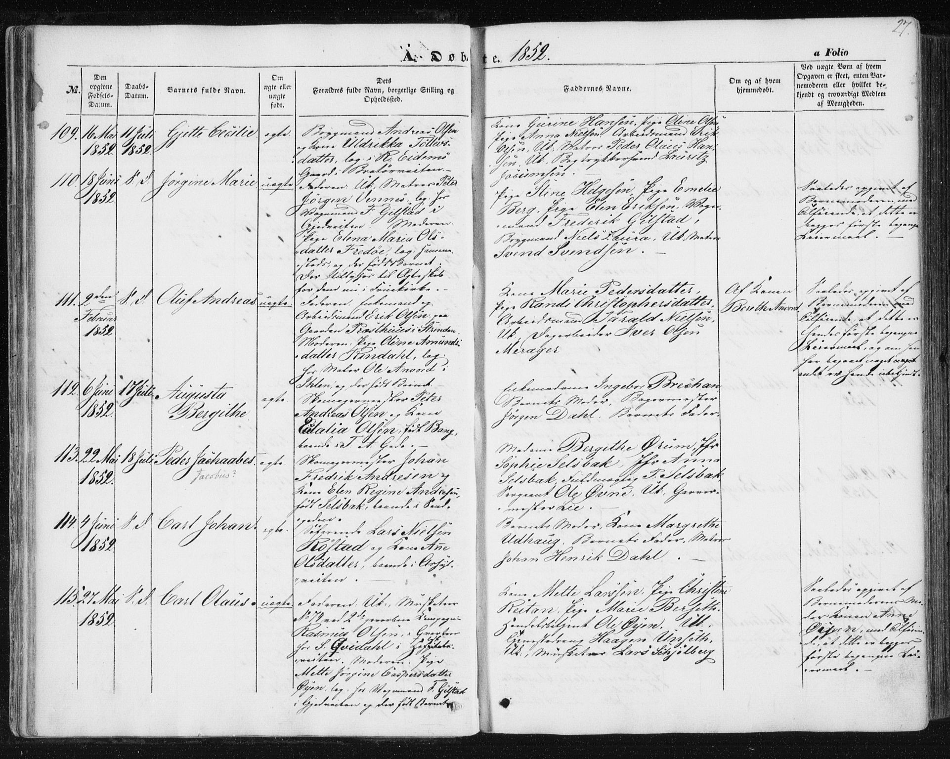 Ministerialprotokoller, klokkerbøker og fødselsregistre - Sør-Trøndelag, SAT/A-1456/602/L0112: Ministerialbok nr. 602A10, 1848-1859, s. 27