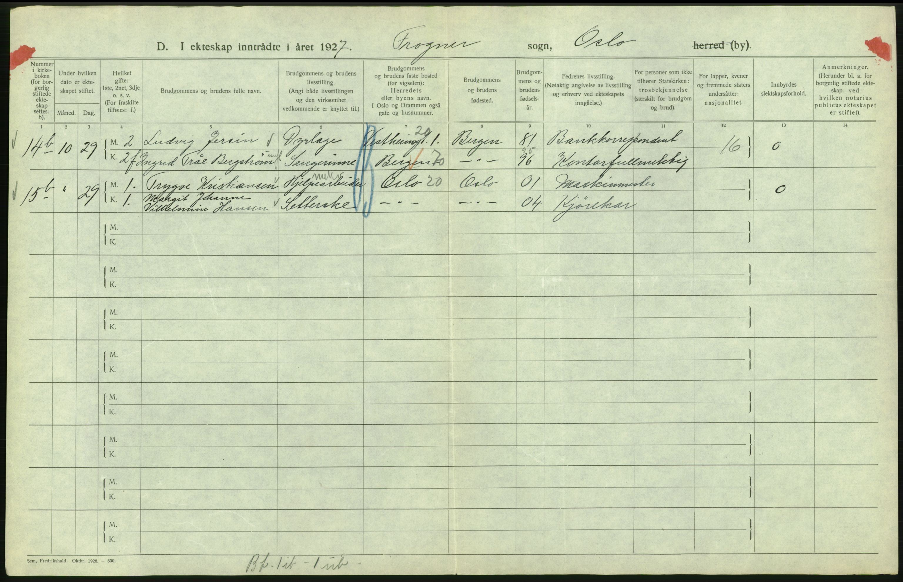 Statistisk sentralbyrå, Sosiodemografiske emner, Befolkning, AV/RA-S-2228/D/Df/Dfc/Dfcg/L0008: Oslo: Gifte, 1927, s. 192