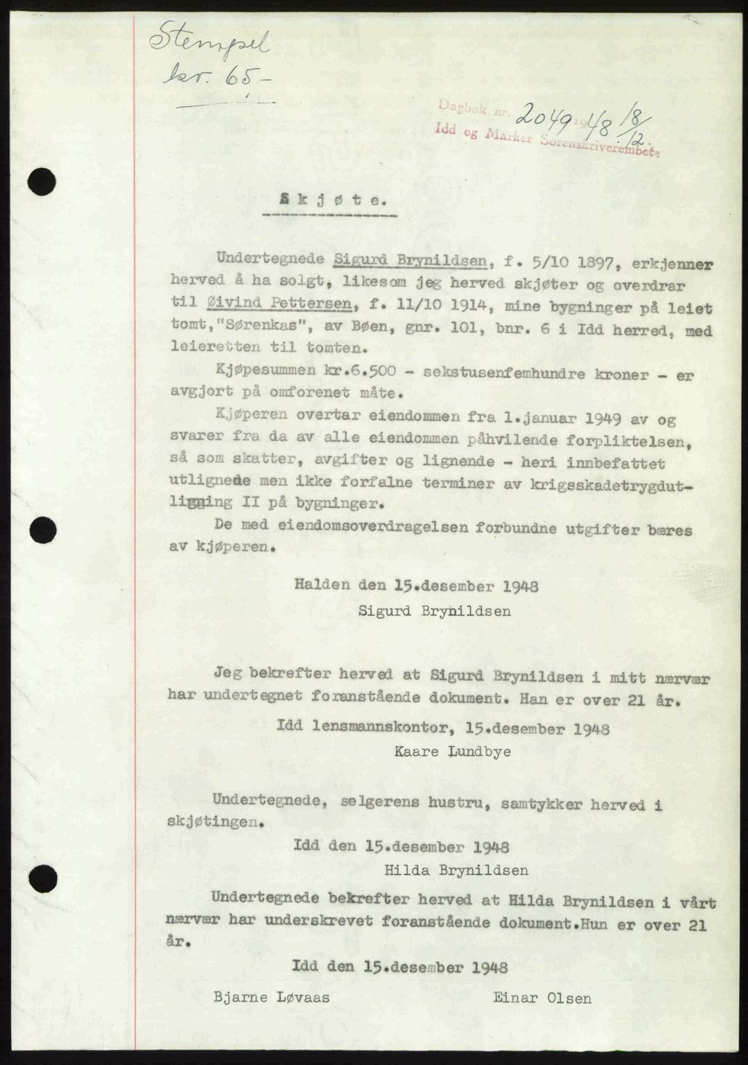 Idd og Marker sorenskriveri, SAO/A-10283/G/Gb/Gbb/L0011: Pantebok nr. A11, 1948-1949, Dagboknr: 2049/1948
