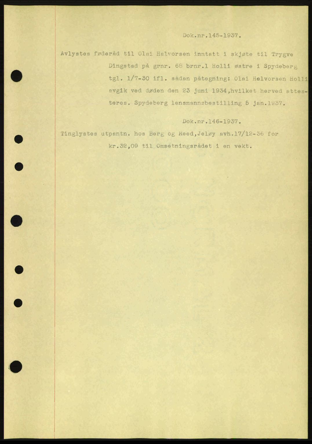 Moss sorenskriveri, SAO/A-10168: Pantebok nr. B3, 1937-1937, Dagboknr: 145/1937