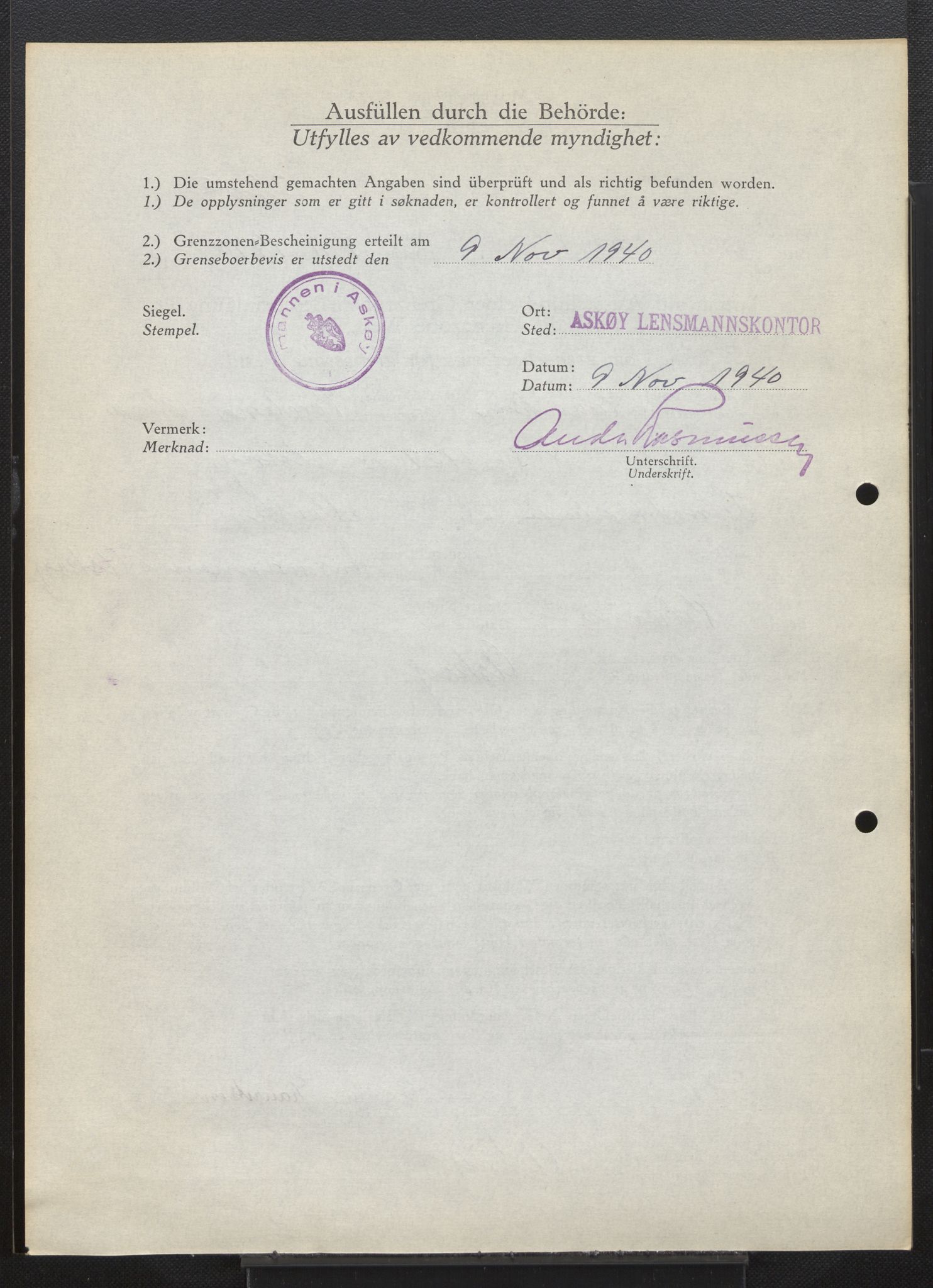 Lensmannen i Askøy, AV/SAB-A-31001/0026/L0008: Søknader om grensebuarbevis 2126 - 2550, 1940, s. 360