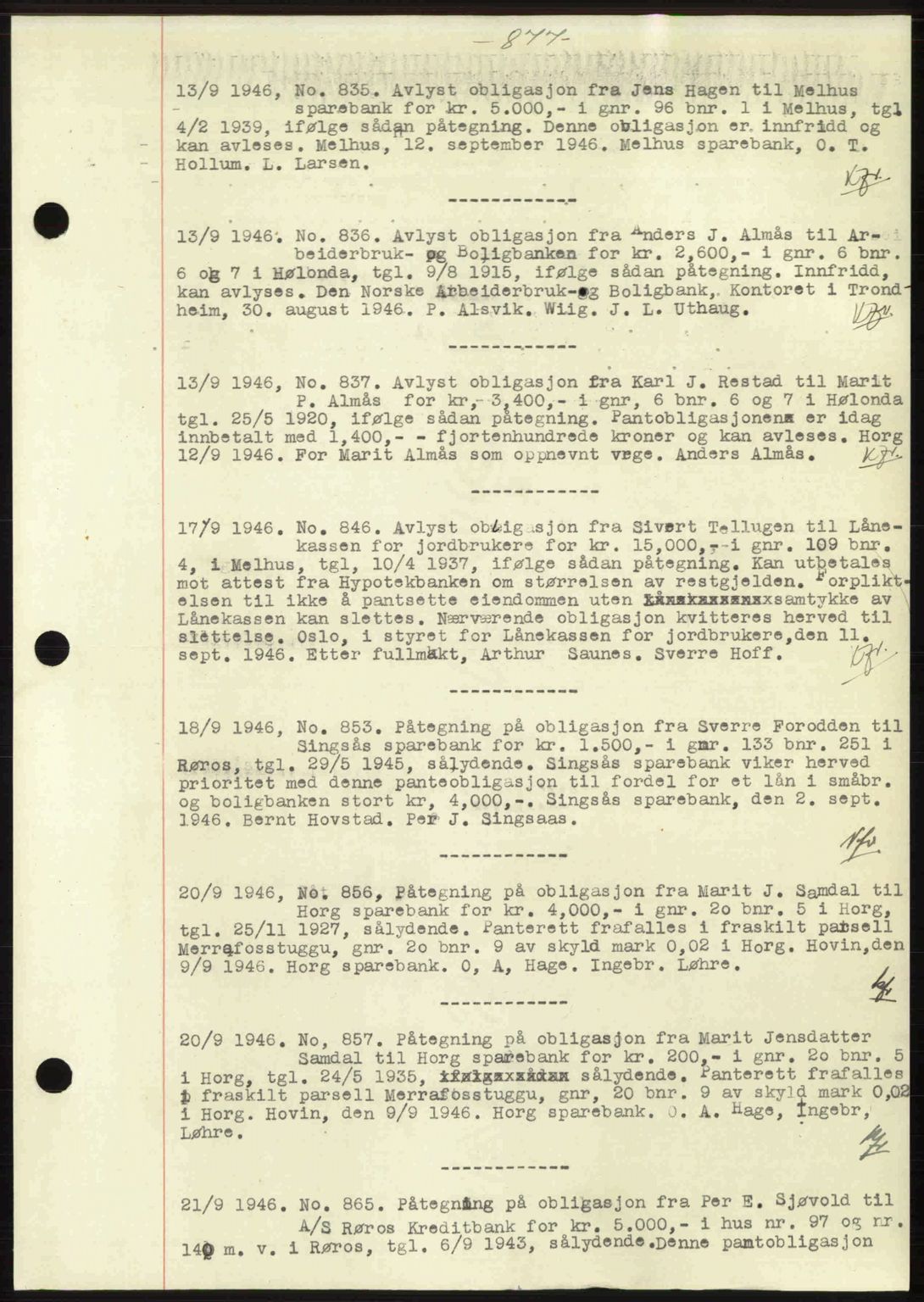 Gauldal sorenskriveri, SAT/A-0014/1/2/2C: Pantebok nr. A2, 1946-1946, Dagboknr: 835/1946