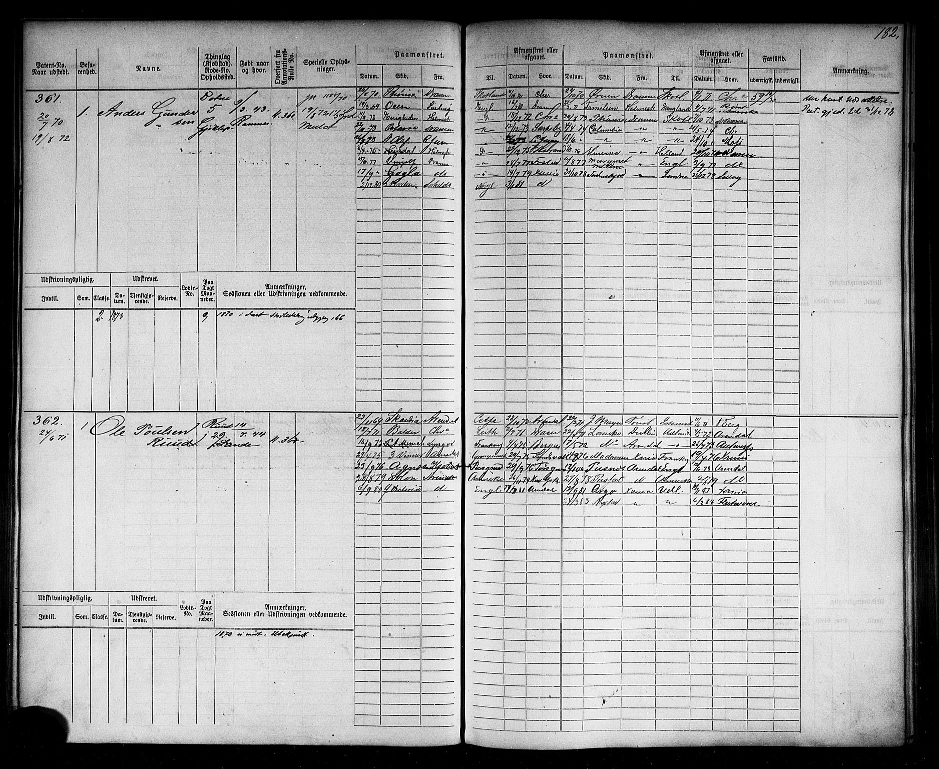 Holmestrand innrulleringskontor, SAKO/A-1151/F/Fc/L0001: Hovedrulle, 1868-1872, s. 185