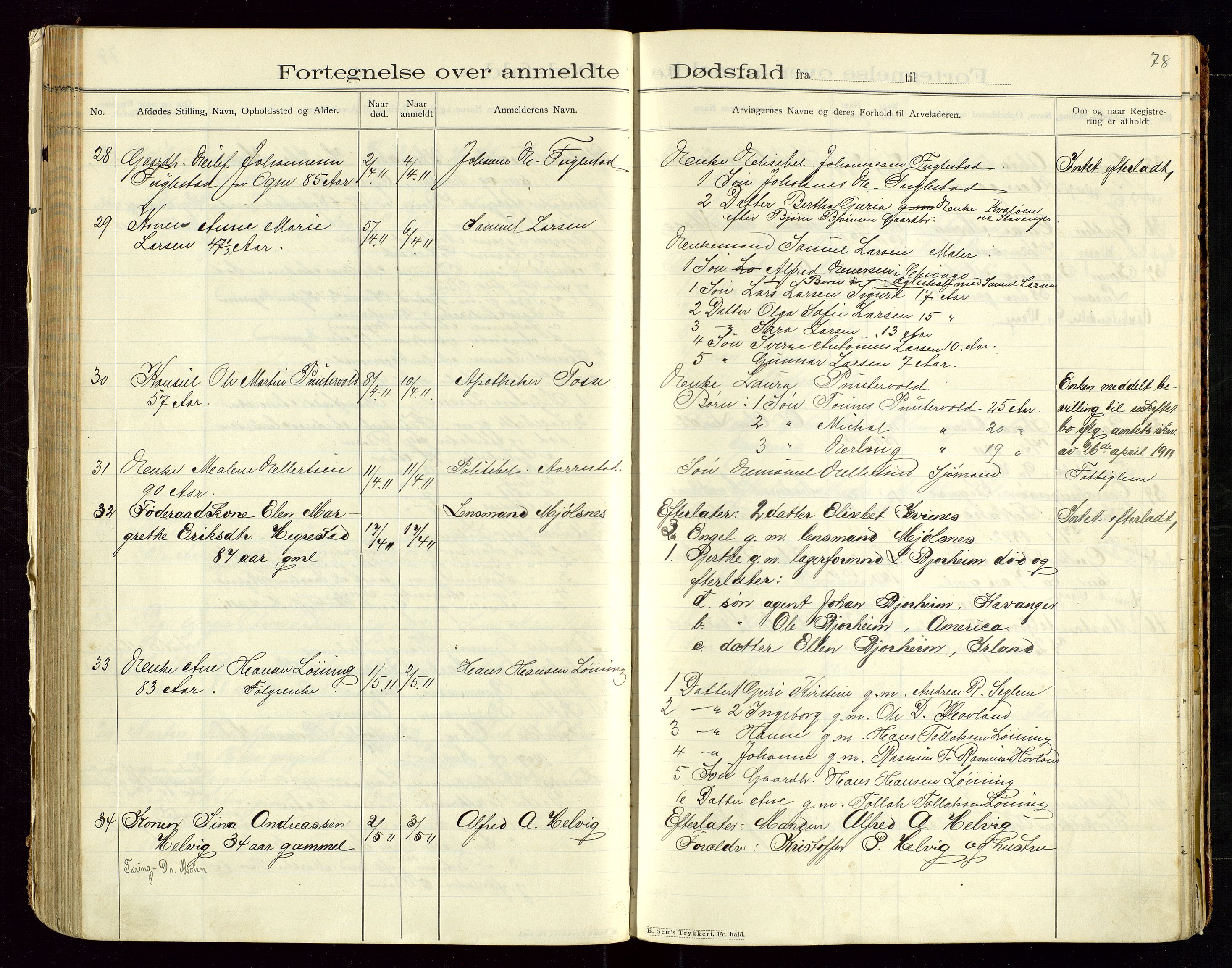 Eigersund lensmannskontor, AV/SAST-A-100171/Gga/L0005: "Dødsfalds-Protokol" m/alfabetisk navneregister, 1905-1913, s. 78