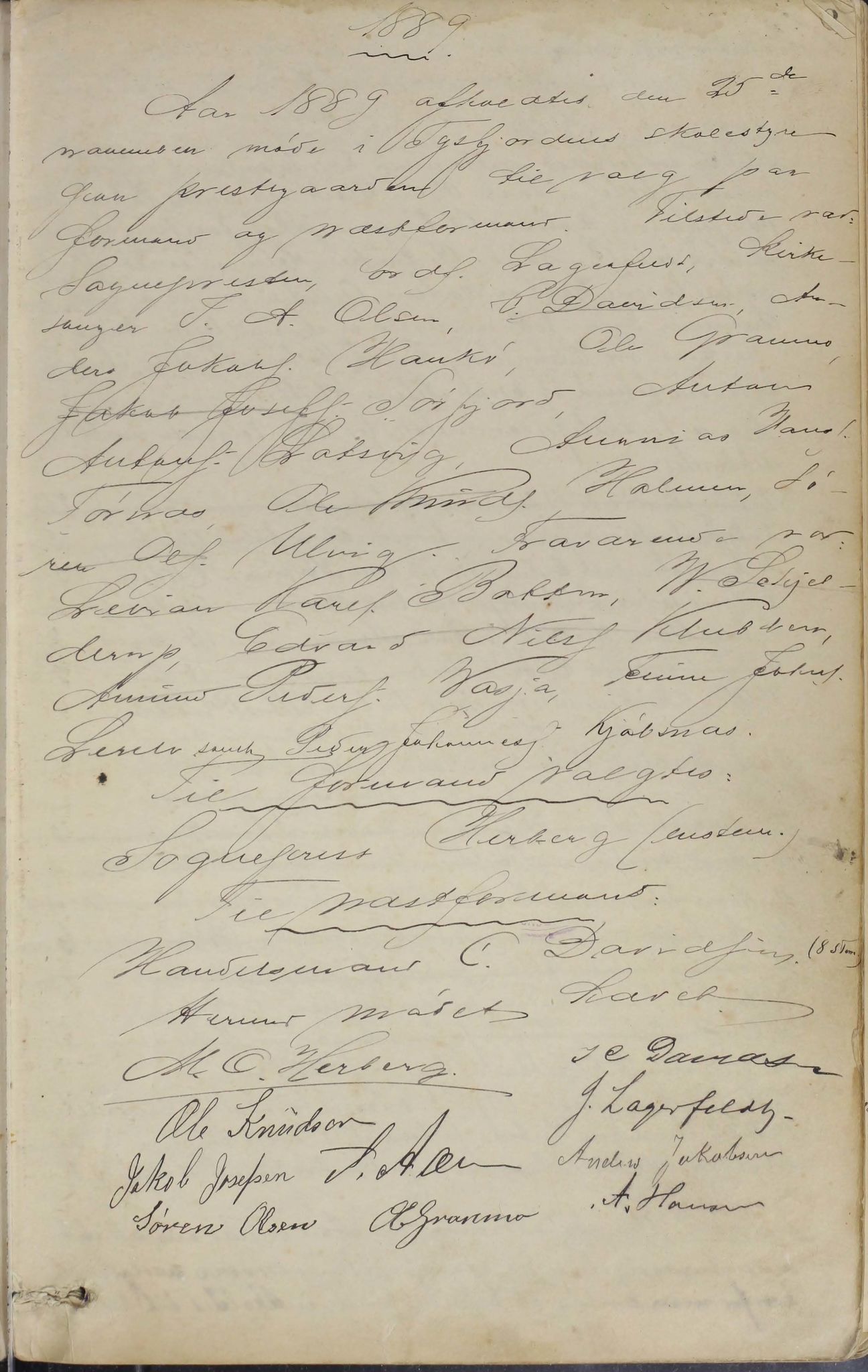 Tysfjord kommune. Skolestyret, AIN/K-18500.510/100/L0002: Møtebok, 1889-1909, s. 1