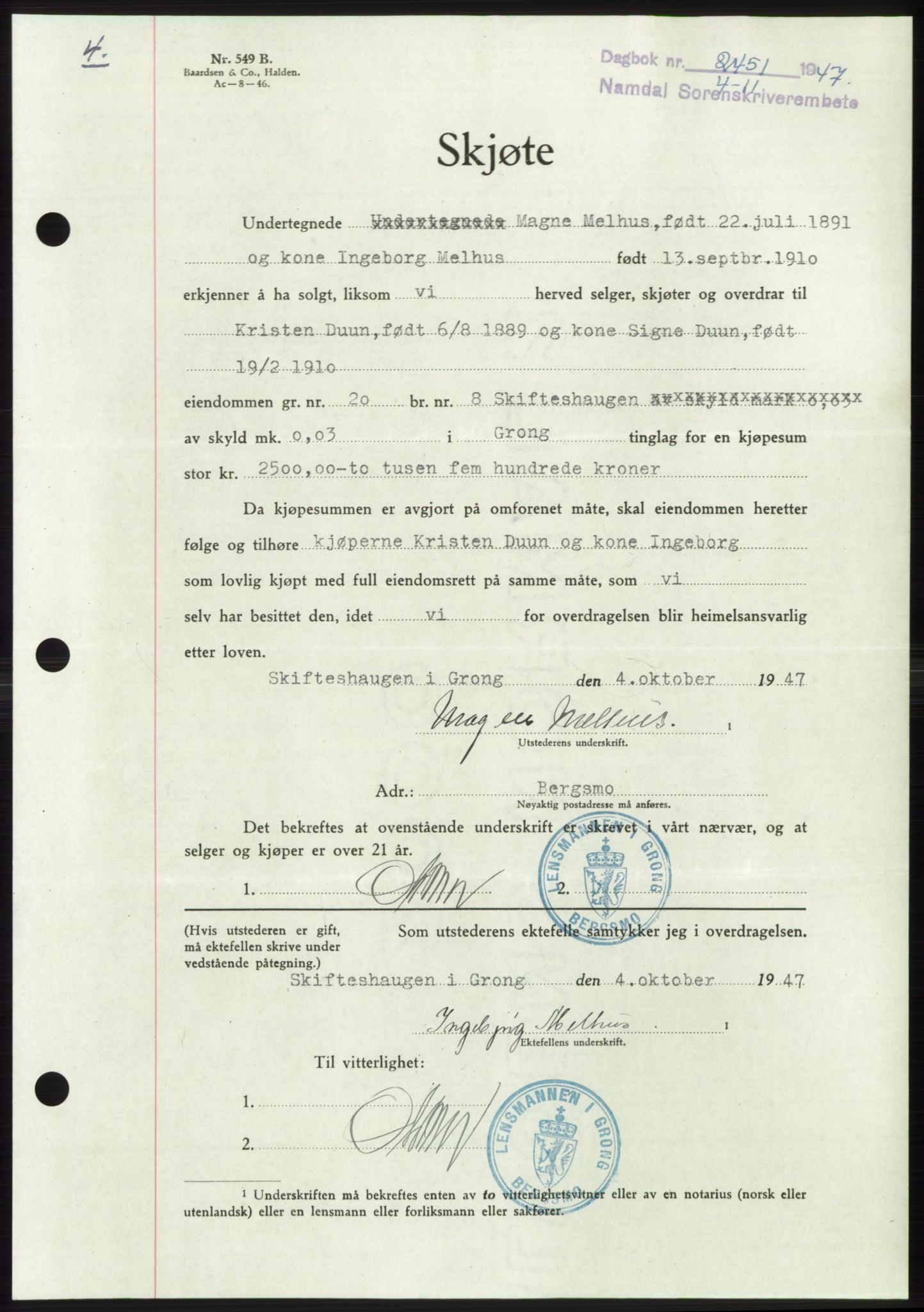 Namdal sorenskriveri, SAT/A-4133/1/2/2C: Pantebok nr. -, 1947-1948, Dagboknr: 2451/1947