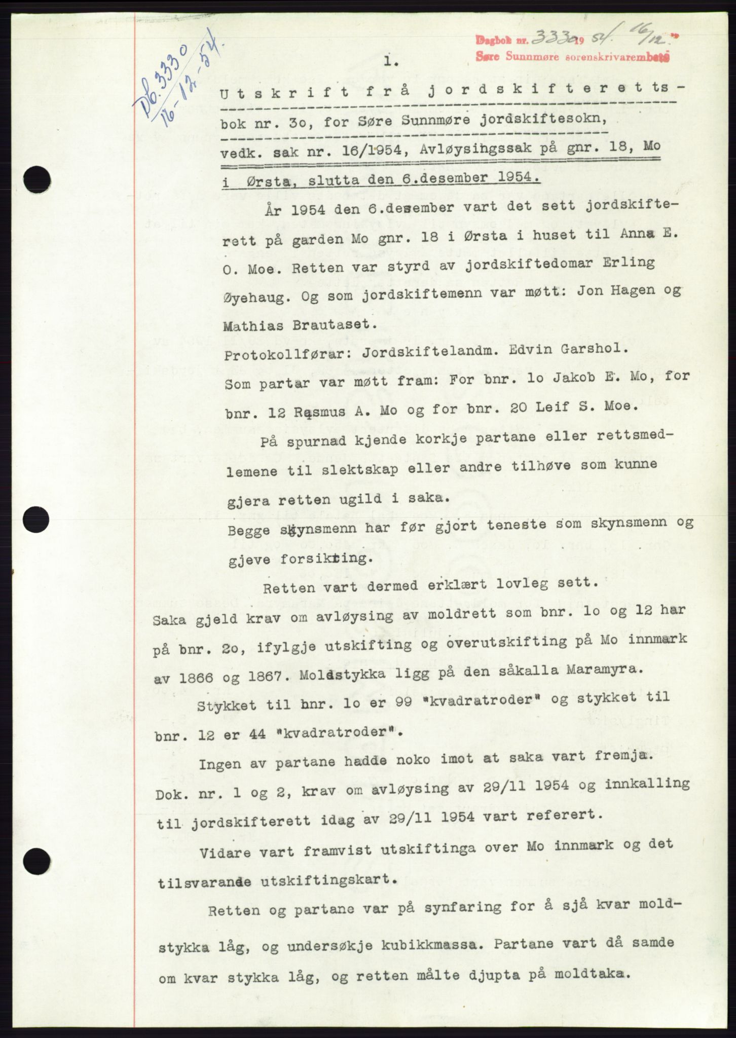 Søre Sunnmøre sorenskriveri, AV/SAT-A-4122/1/2/2C/L0099: Pantebok nr. 25A, 1954-1954, Dagboknr: 3330/1954