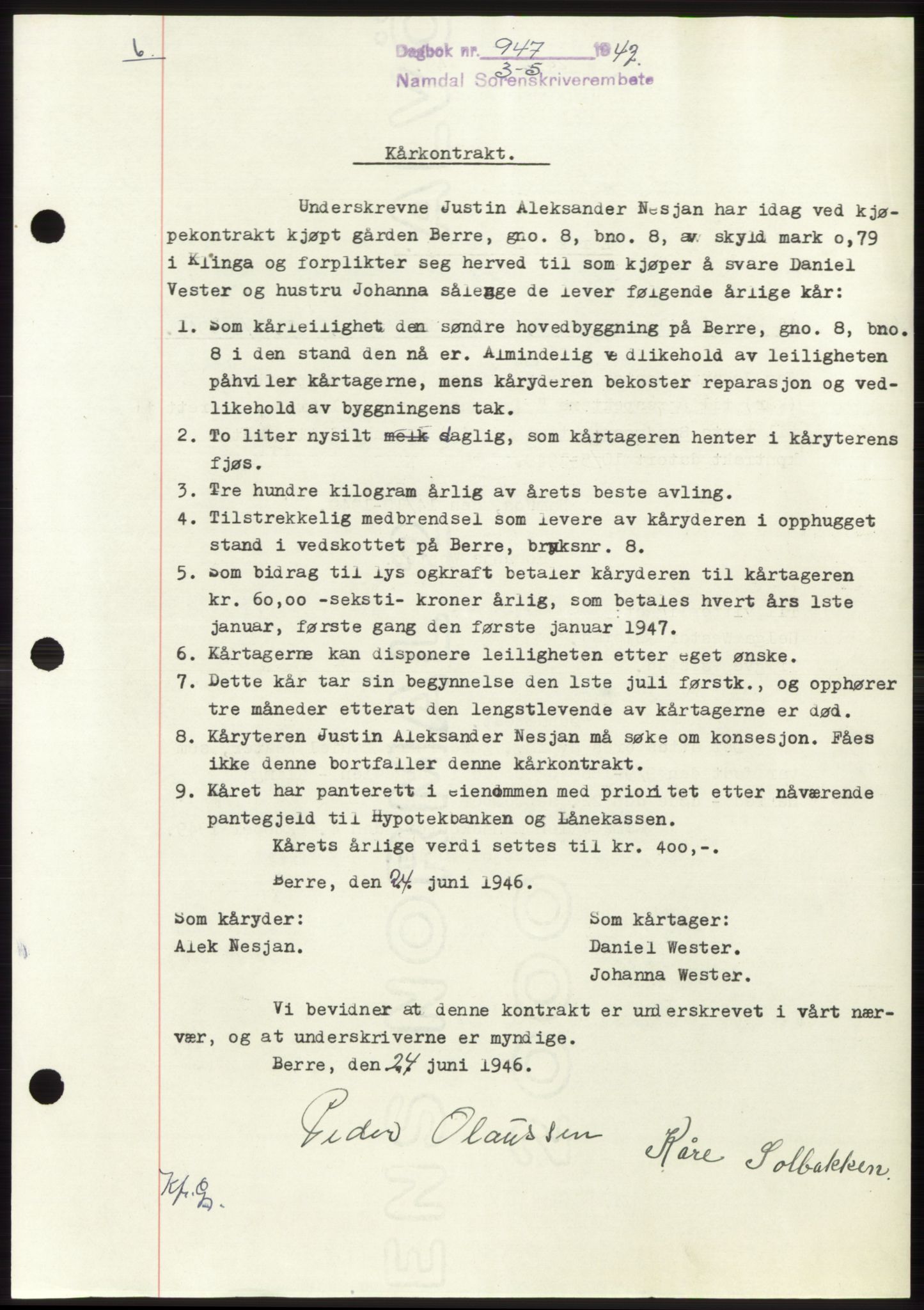Namdal sorenskriveri, SAT/A-4133/1/2/2C: Pantebok nr. -, 1947-1947, Dagboknr: 947/1947