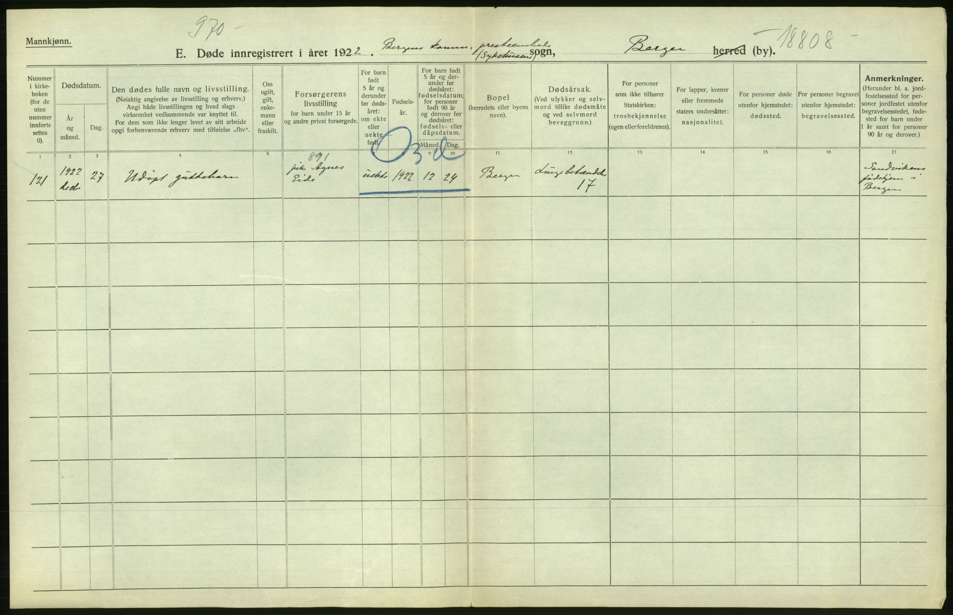 Statistisk sentralbyrå, Sosiodemografiske emner, Befolkning, AV/RA-S-2228/D/Df/Dfc/Dfcb/L0030: Bergen: Gifte, døde, dødfødte., 1922, s. 334
