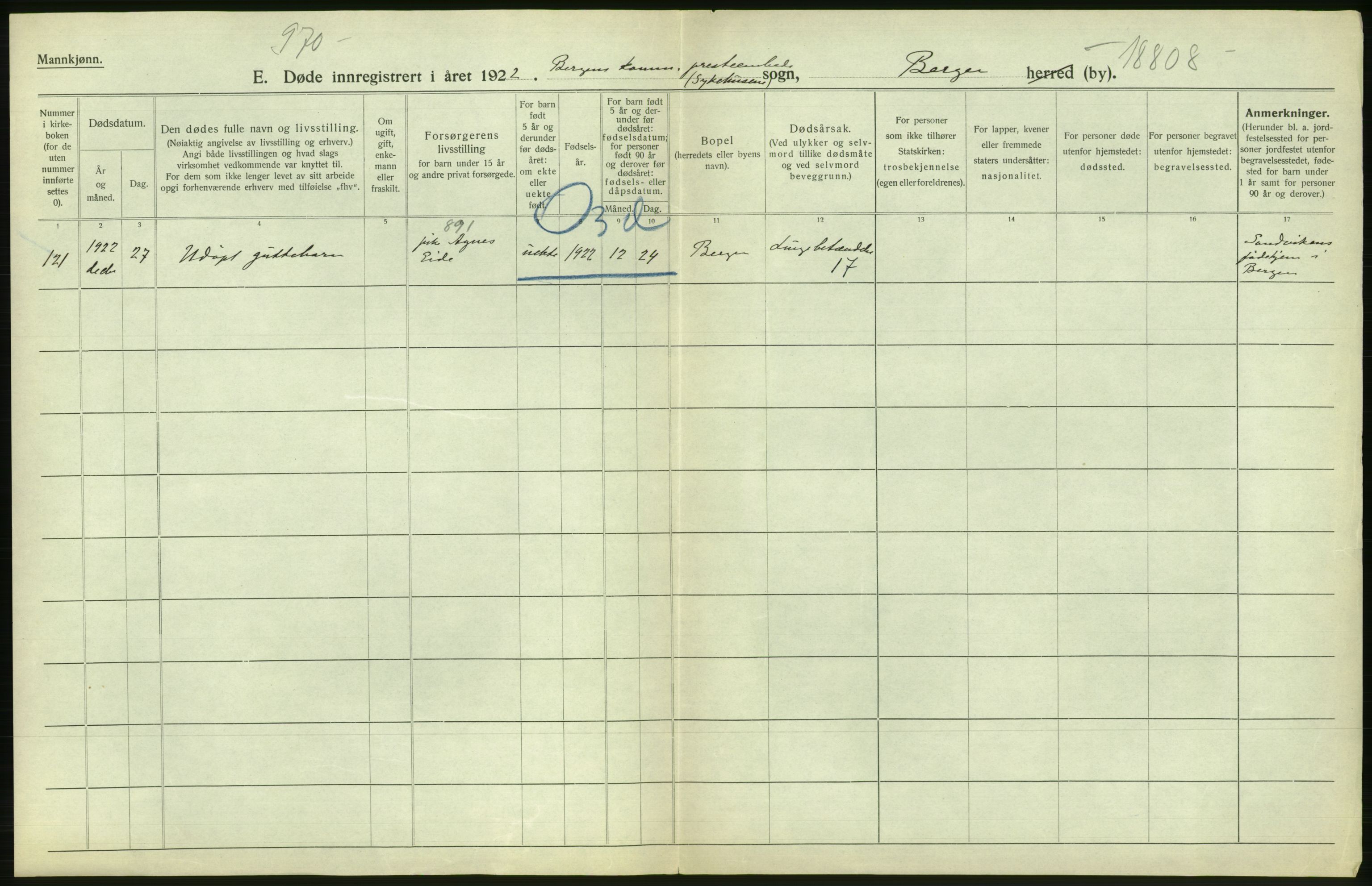 Statistisk sentralbyrå, Sosiodemografiske emner, Befolkning, RA/S-2228/D/Df/Dfc/Dfcb/L0030: Bergen: Gifte, døde, dødfødte., 1922, s. 334