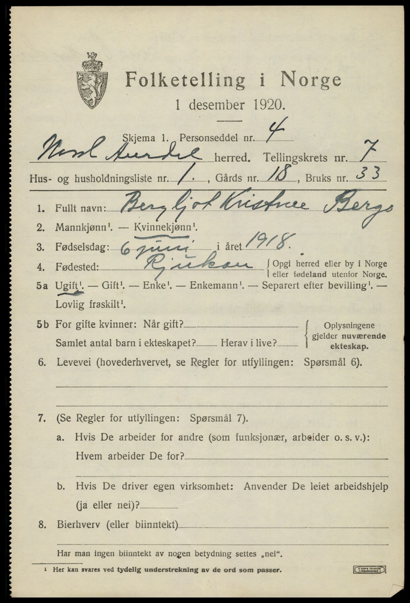 SAH, Folketelling 1920 for 0542 Nord-Aurdal herred, 1920, s. 3206