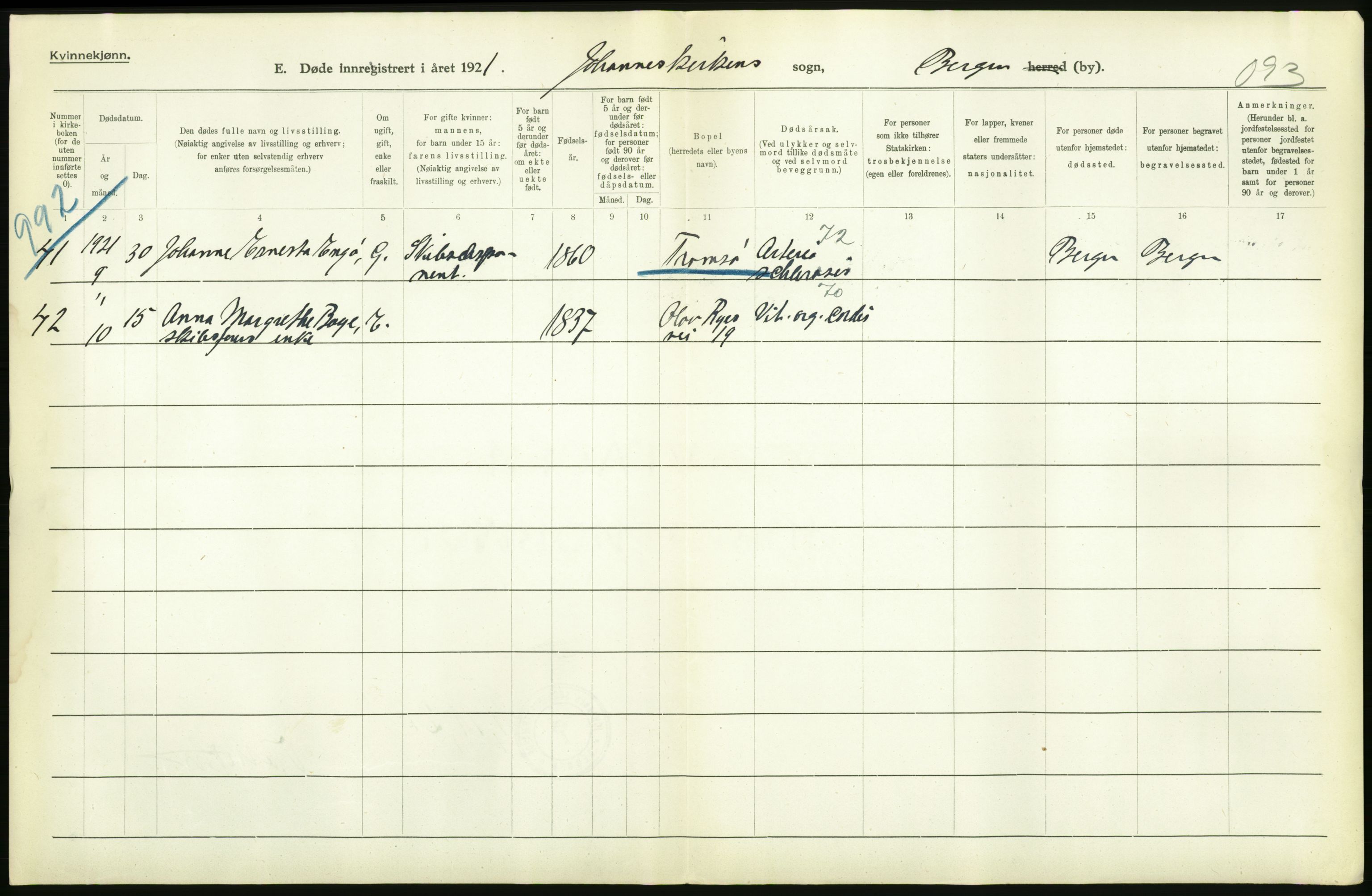 Statistisk sentralbyrå, Sosiodemografiske emner, Befolkning, RA/S-2228/D/Df/Dfc/Dfca/L0036: Bergen: Døde., 1921, s. 262