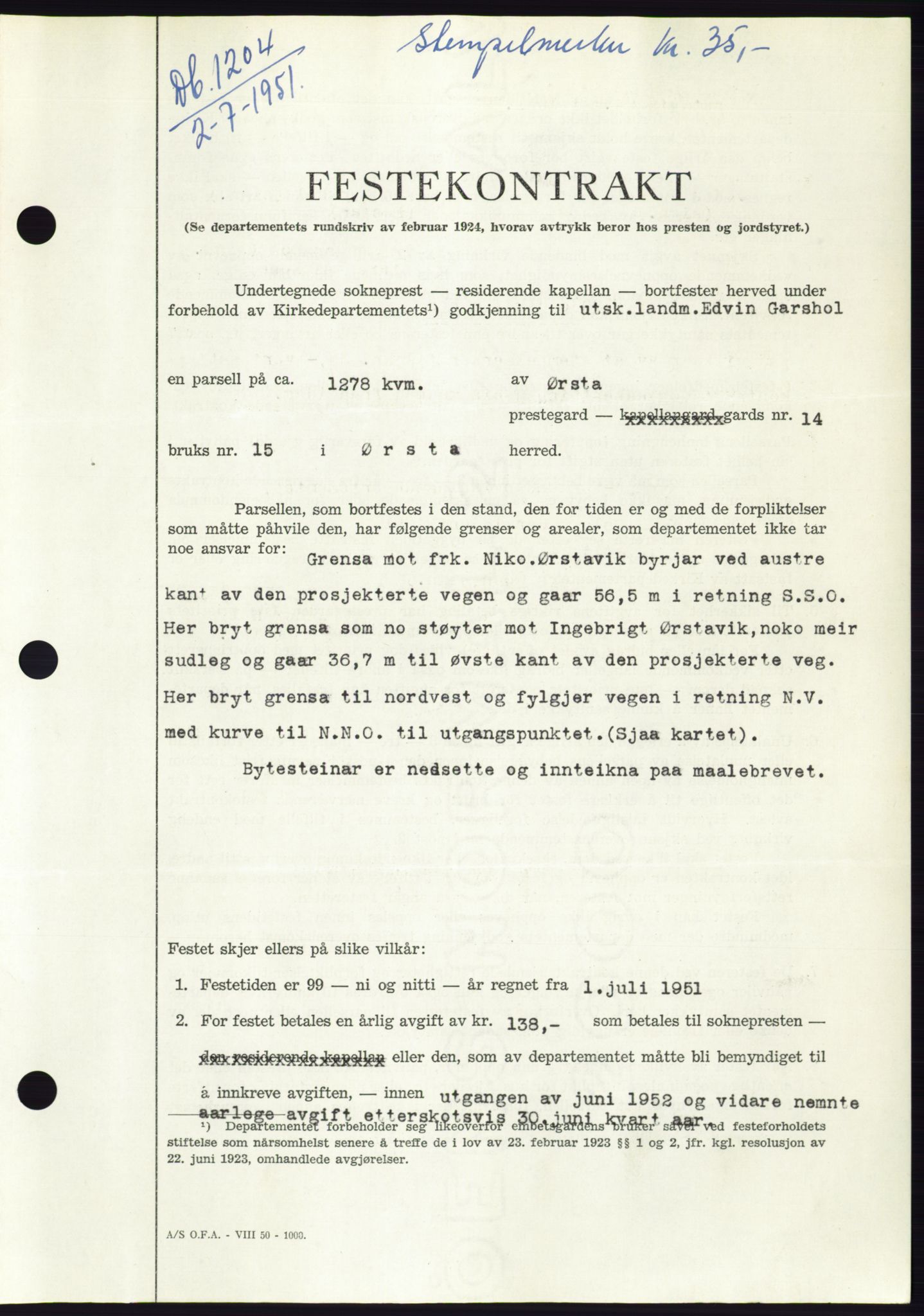 Søre Sunnmøre sorenskriveri, SAT/A-4122/1/2/2C/L0089: Pantebok nr. 15A, 1951-1951, Dagboknr: 1204/1951