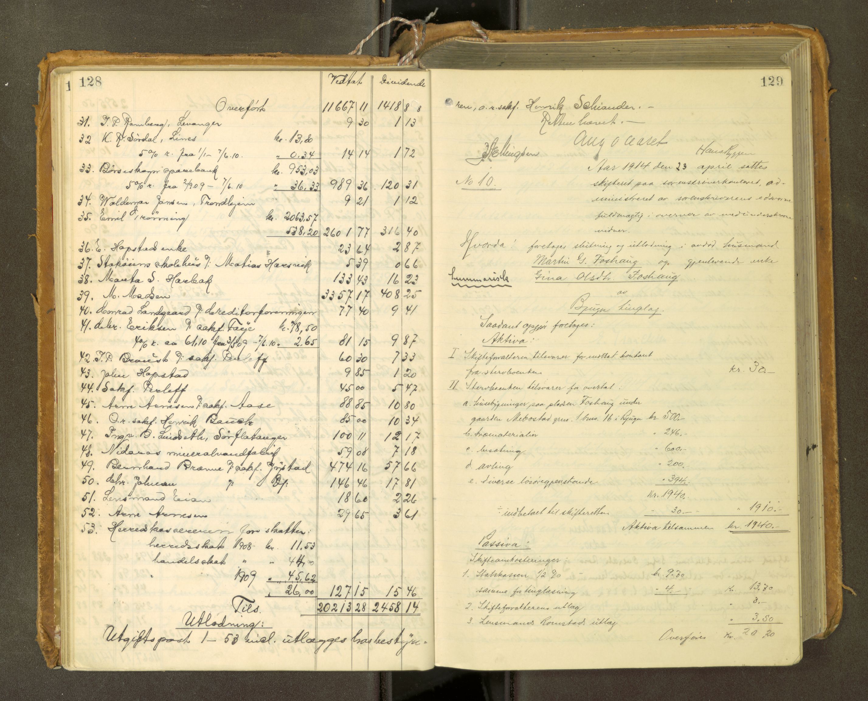 Fosen sorenskriveri, AV/SAT-A-1107/1/3/3A/L0031: Skifteutlodningsprotokoll nr. 10, 1913-1919, s. 128-129