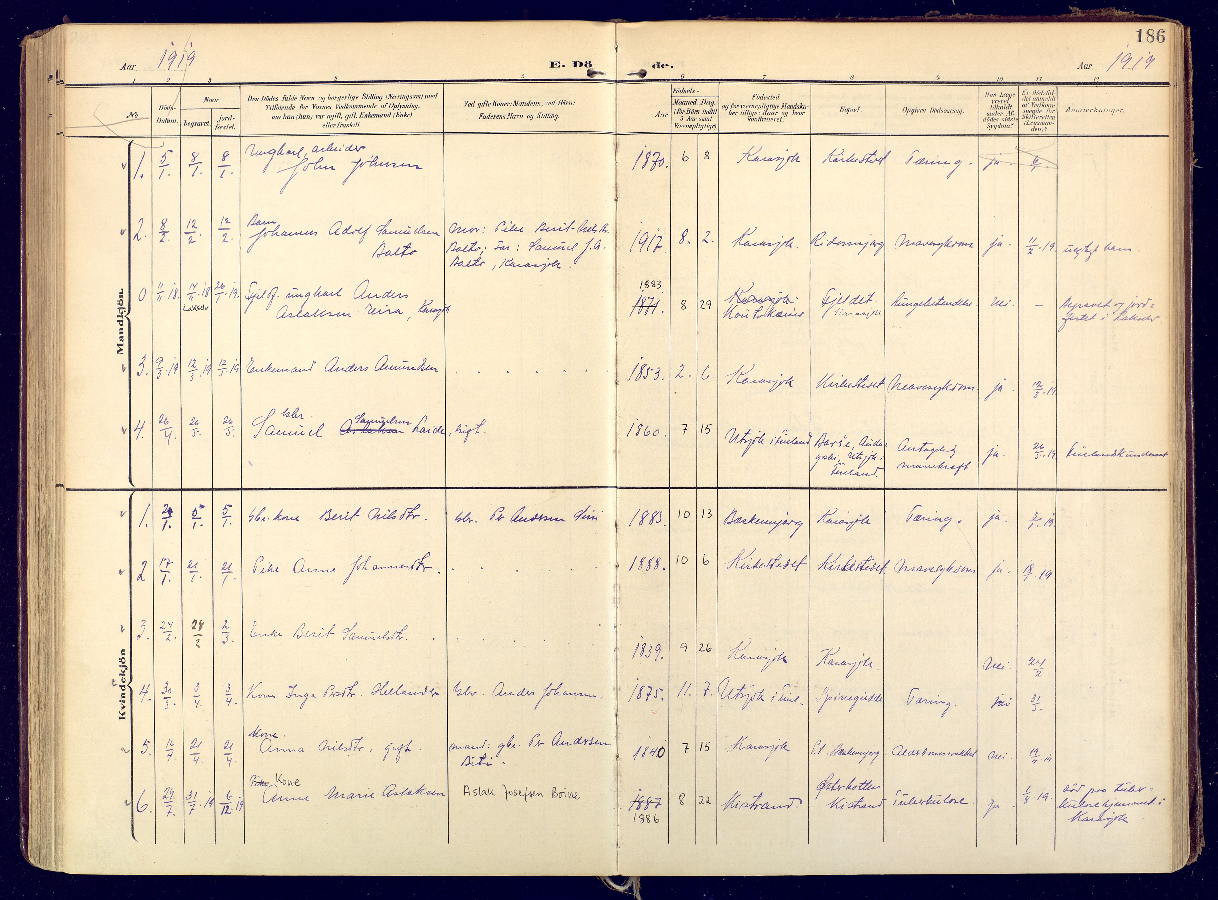 Karasjok sokneprestkontor, SATØ/S-1352/H/Ha: Ministerialbok nr. 3, 1907-1926, s. 186