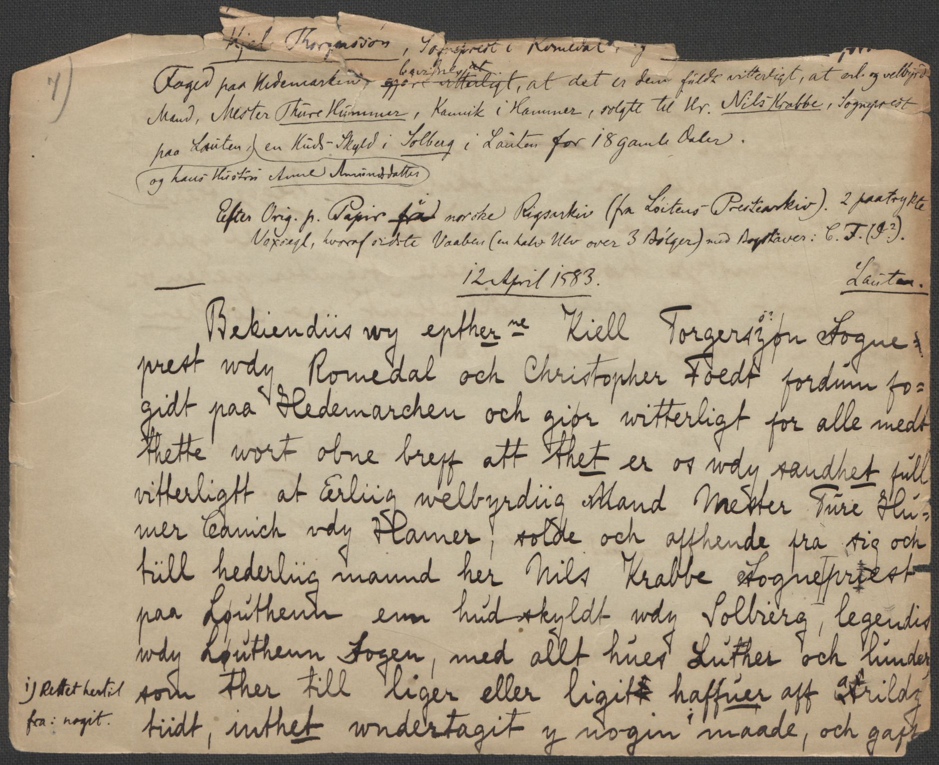 Riksarkivets diplomsamling, AV/RA-EA-5965/F15/L0011: Prestearkiv - Hedmark, 1575-1735, s. 20