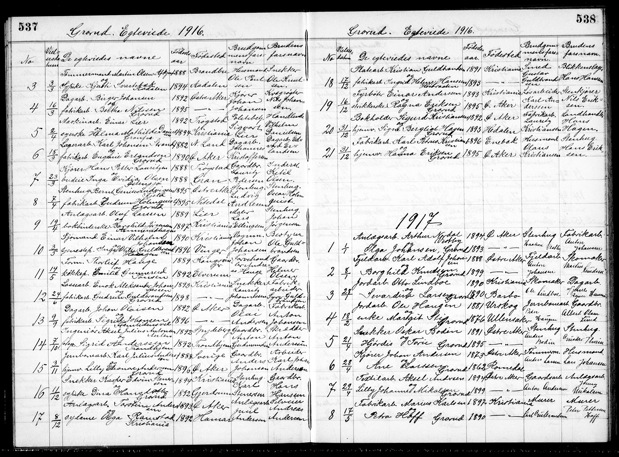 Østre Aker prestekontor Kirkebøker, AV/SAO-A-10840/G/Ga/L0004: Klokkerbok nr. I 4, 1914-1936, s. 537-538
