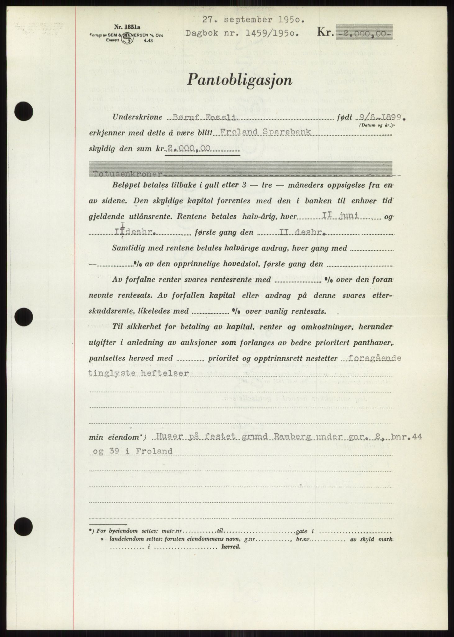 Nedenes sorenskriveri, SAK/1221-0006/G/Gb/Gbb/L0008: Pantebok nr. B8, 1950-1950, Dagboknr: 1459/1950