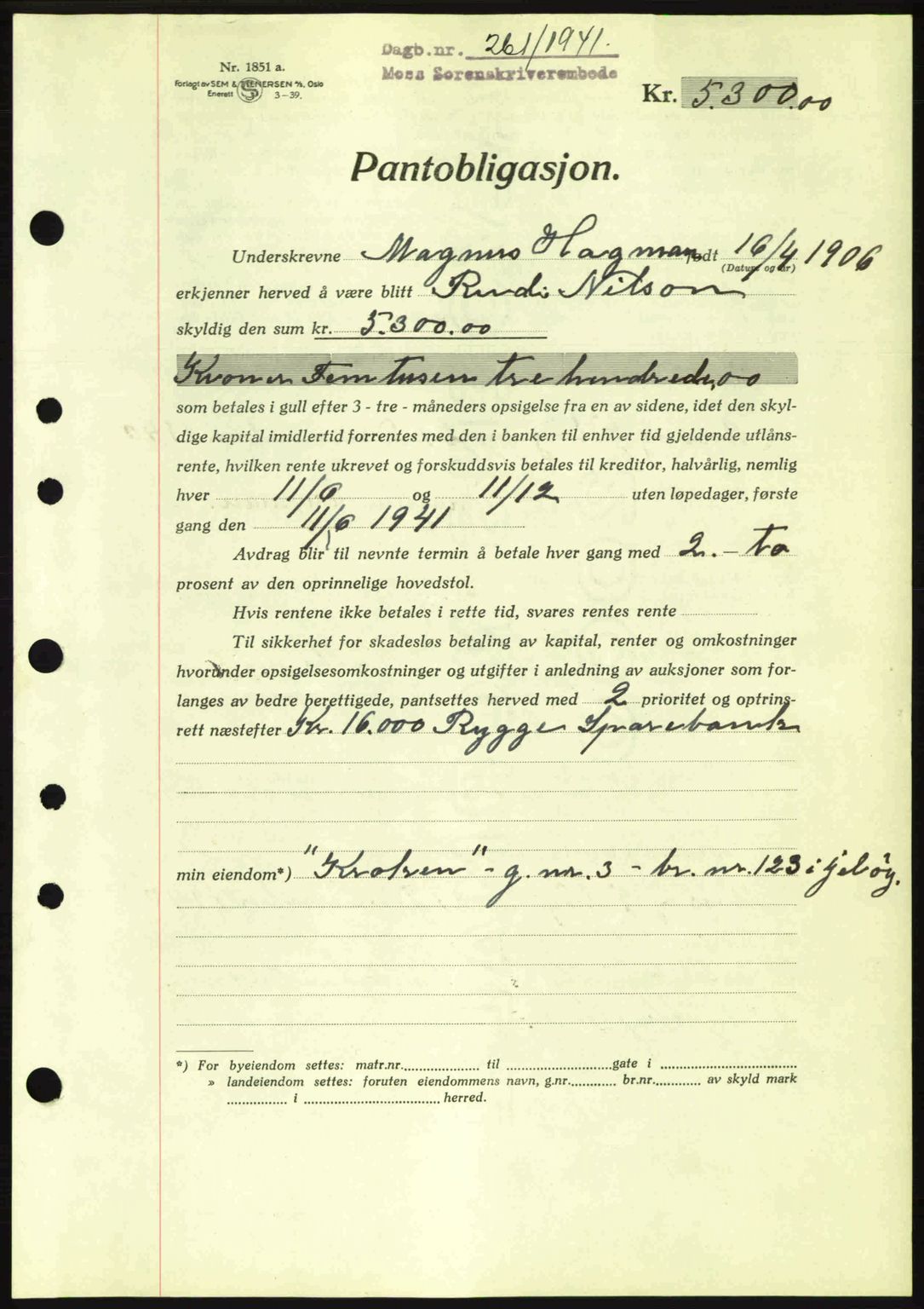 Moss sorenskriveri, SAO/A-10168: Pantebok nr. B10, 1940-1941, Dagboknr: 261/1941