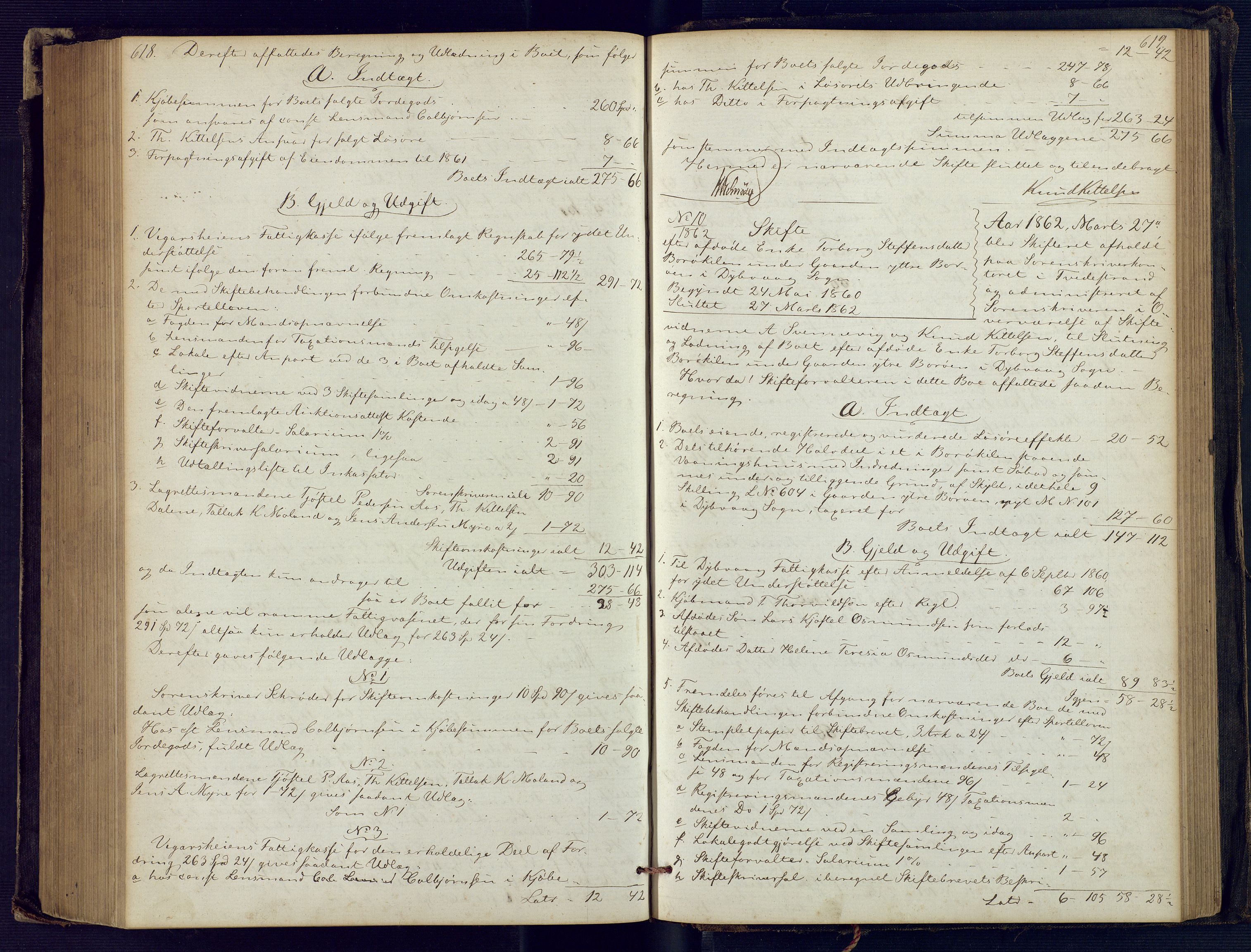 Holt sorenskriveri, SAK/1221-0002/H/Hc/L0029: Skifteutlodningsprotokoll nr. 4 med løst register, 1857-1862, s. 618-619