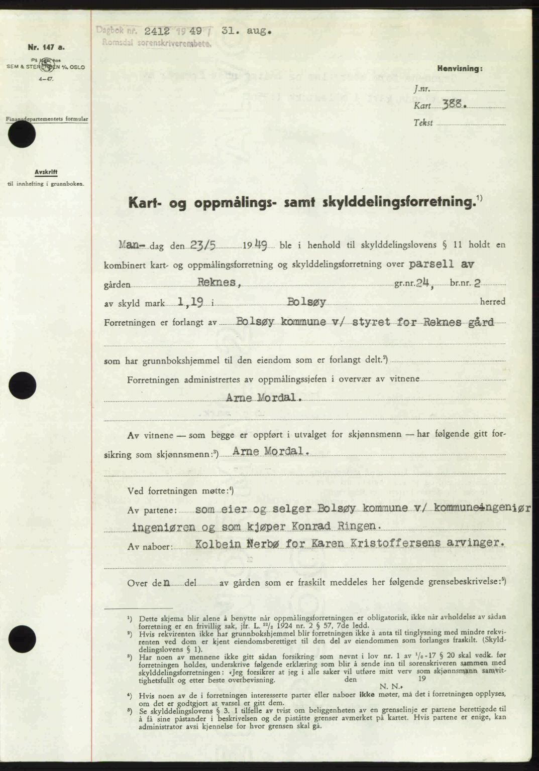 Romsdal sorenskriveri, SAT/A-4149/1/2/2C: Pantebok nr. A30, 1949-1949, Dagboknr: 2412/1949